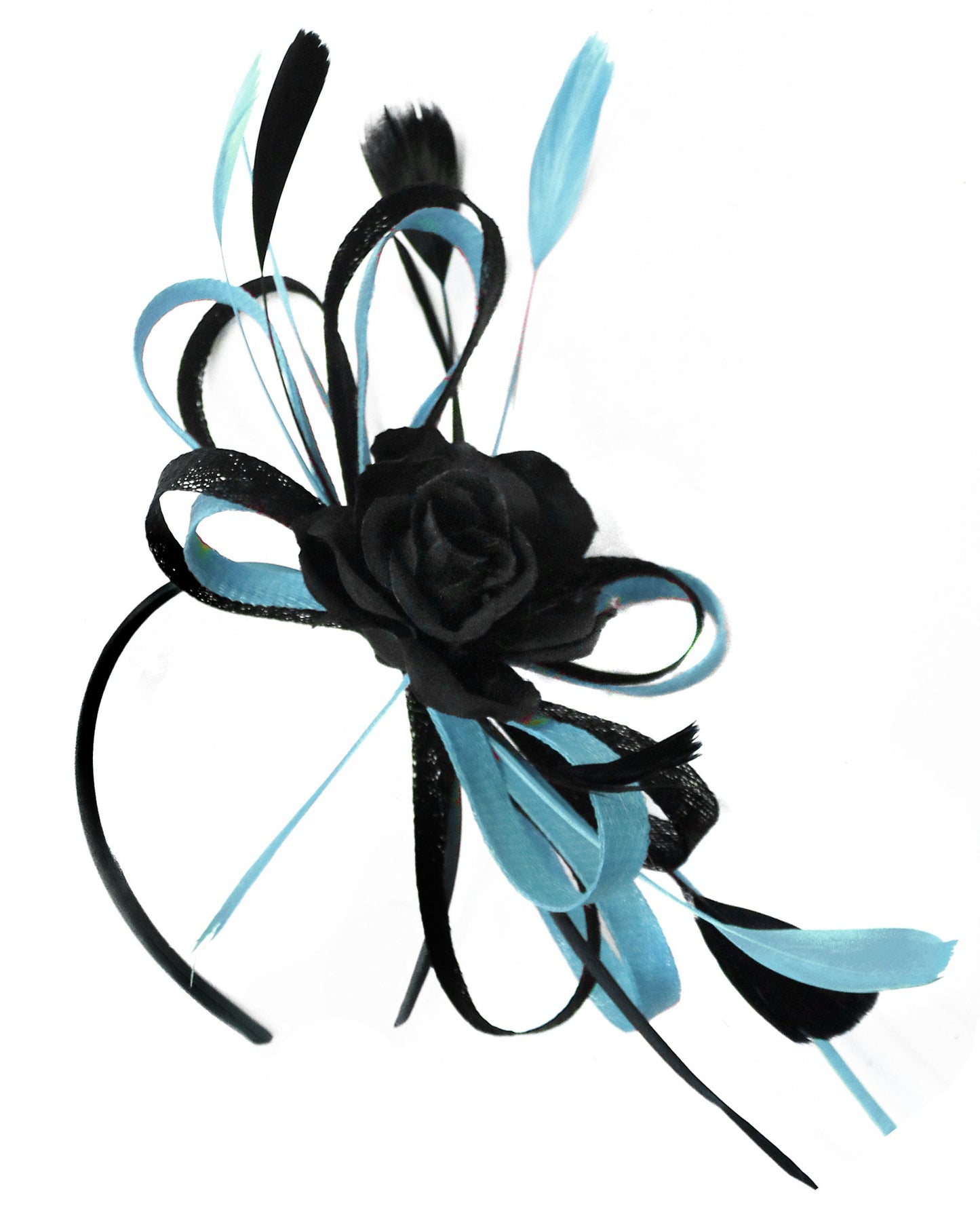 Caprilite Sinamay Rose Black and Light Blue Fascinator on Headband Alice Band UK Wedding Ascot Races Loop