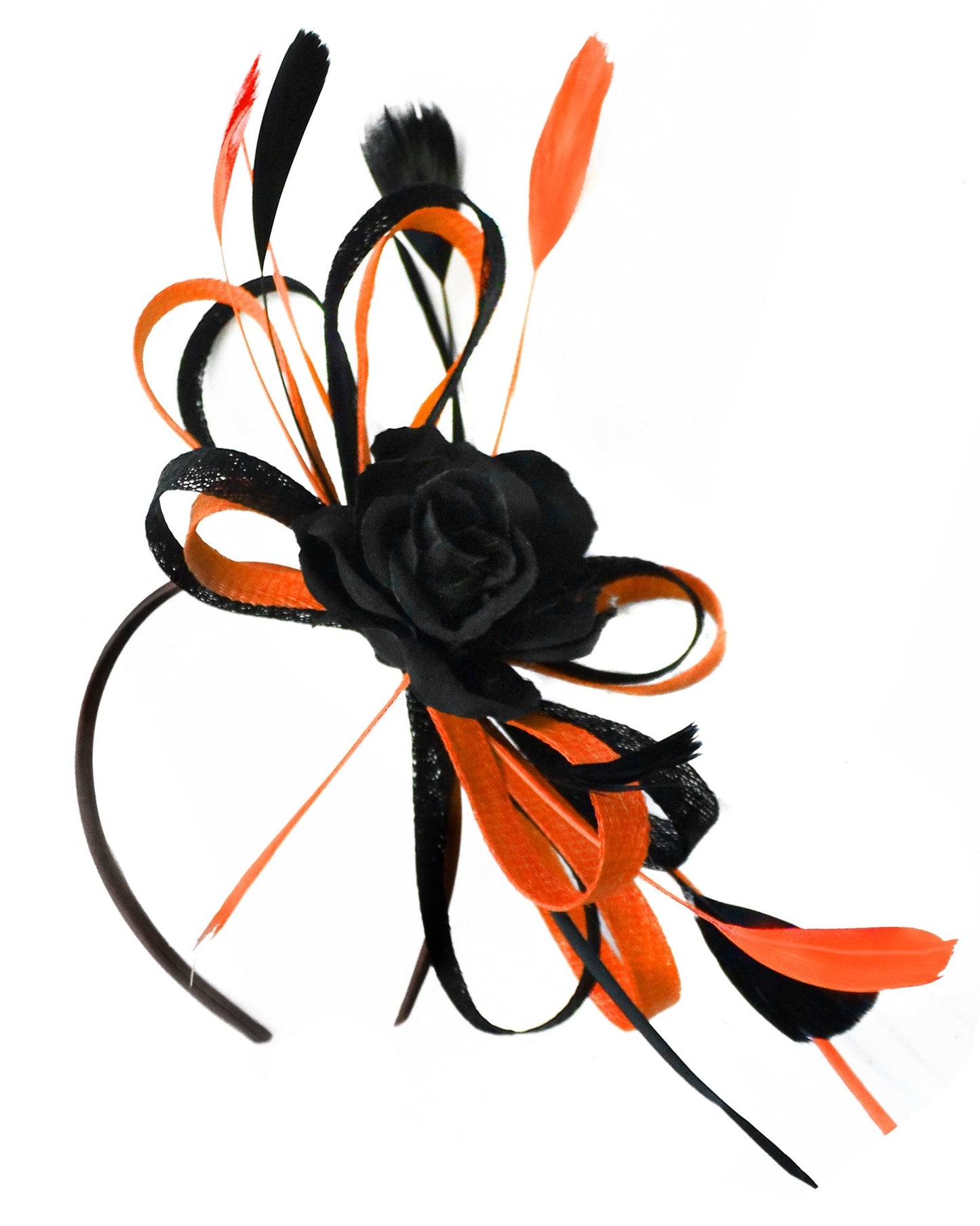 Caprilite Sinamay Rose Black and Burnt Orange Fascinator on Headband Alice Band UK Wedding Ascot Races Loop