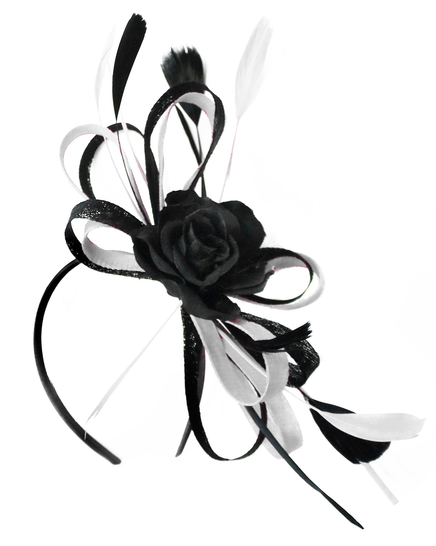 Caprilite Sinamay Rose Black and White Fascinator on Headband Alice Band UK Wedding Ascot Races Loop