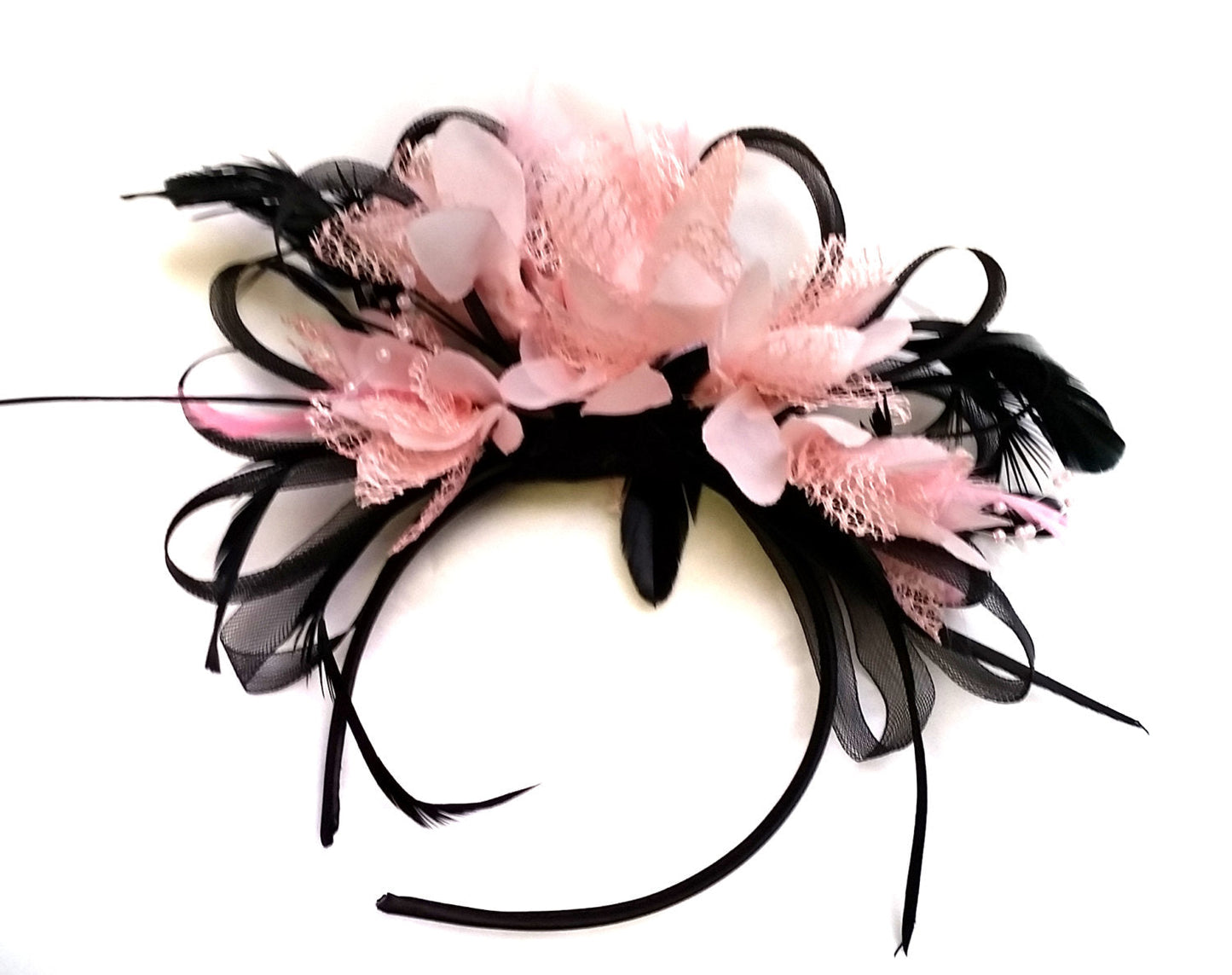 Caprilite Black and Baby Pink Loop Net Fascinator on Headband Alice Band Wedding Ascot Races