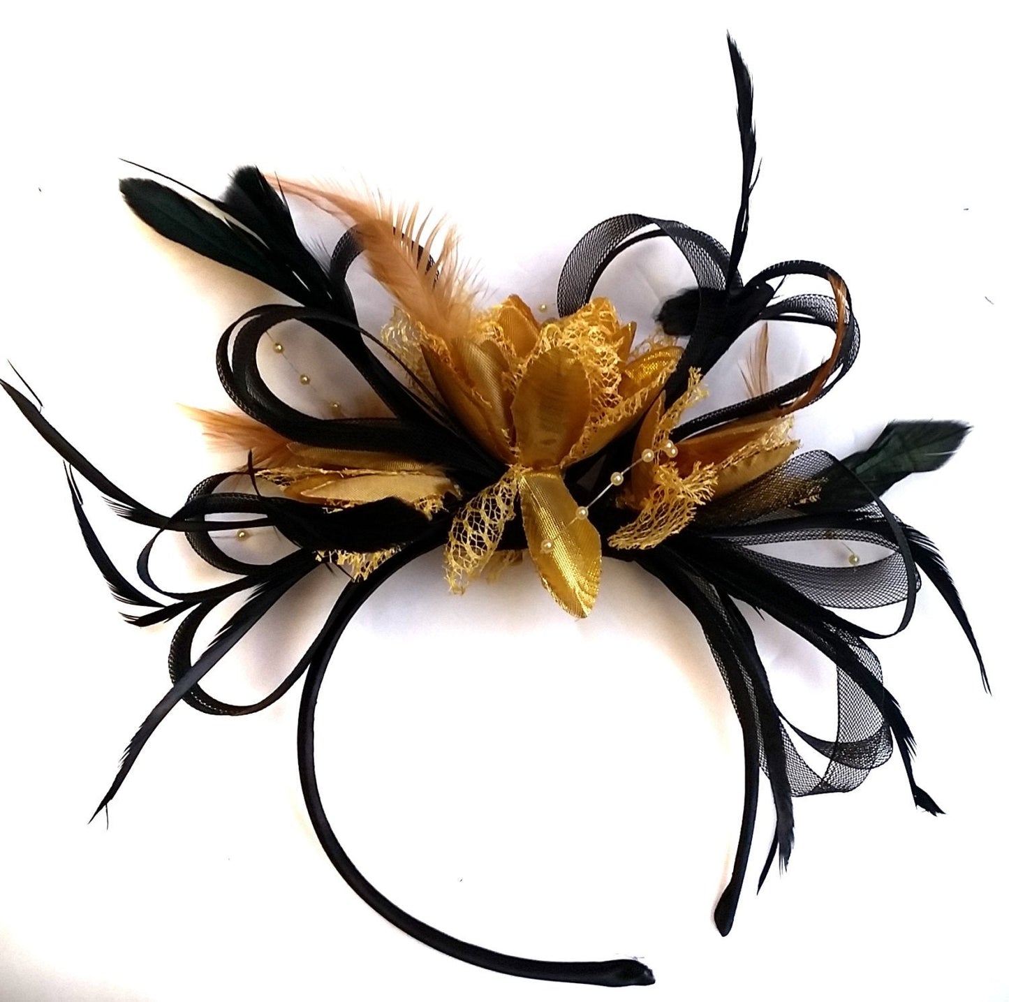 Caprilite Black and Gold Loop Net Fascinator on Headband Alice Band Wedding Ascot Races