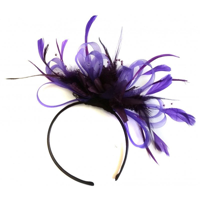 Caprilite Cadbury & Dark Purple Feathers Ascot Fascinator Headband