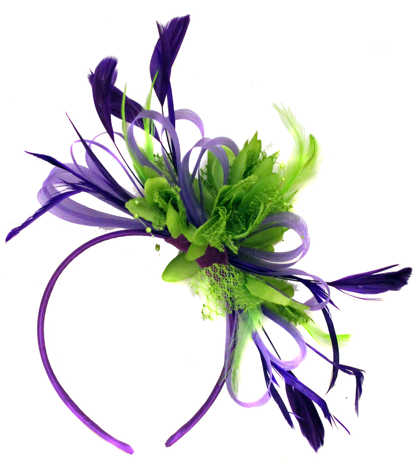 Caprilite Purple Hoop & Lime Green Feathers Fascinator On Headband