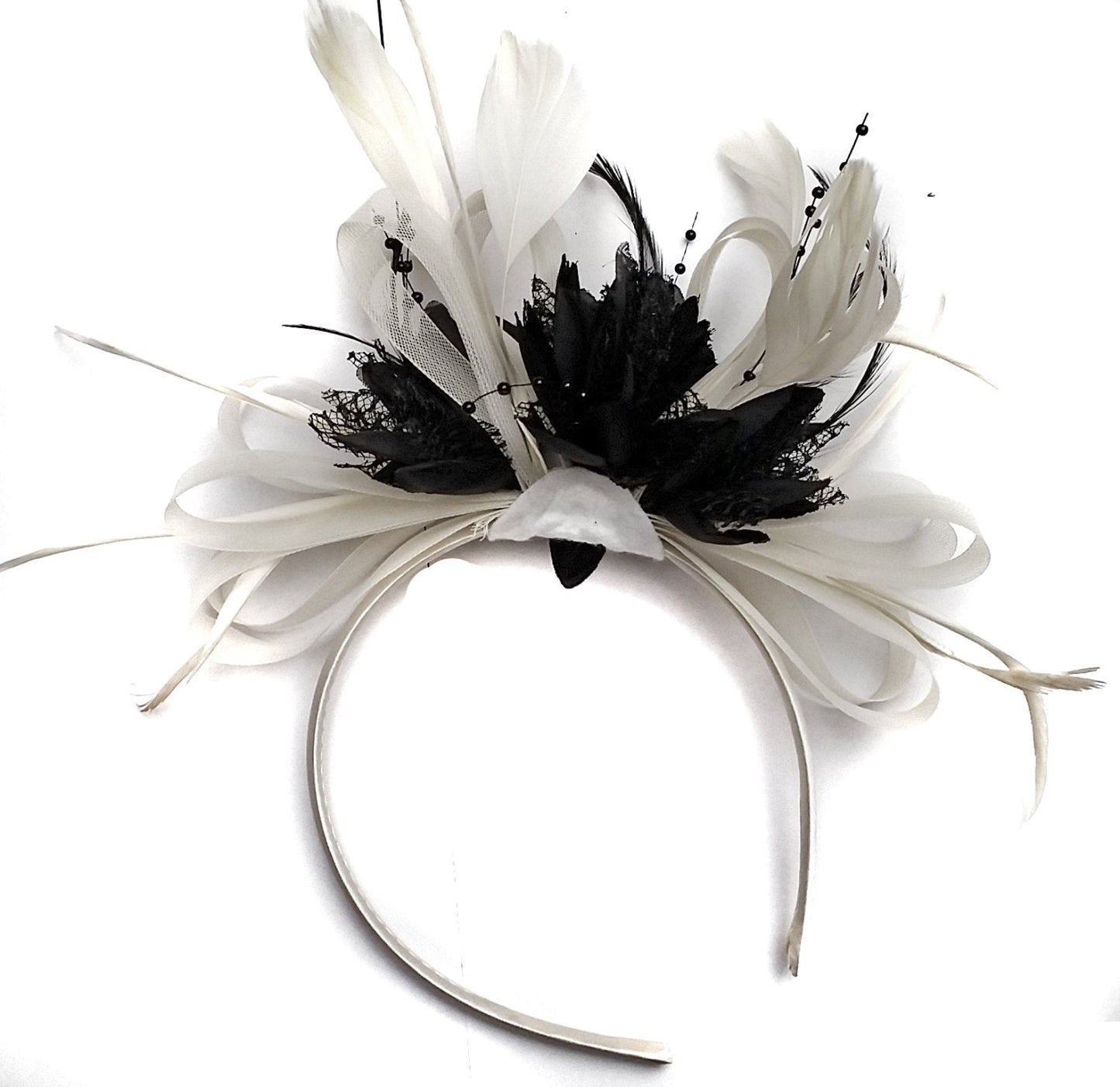 Caprilite White and Black Fascinator on Headband Alice Band Wedding Ascot Races Loop Net