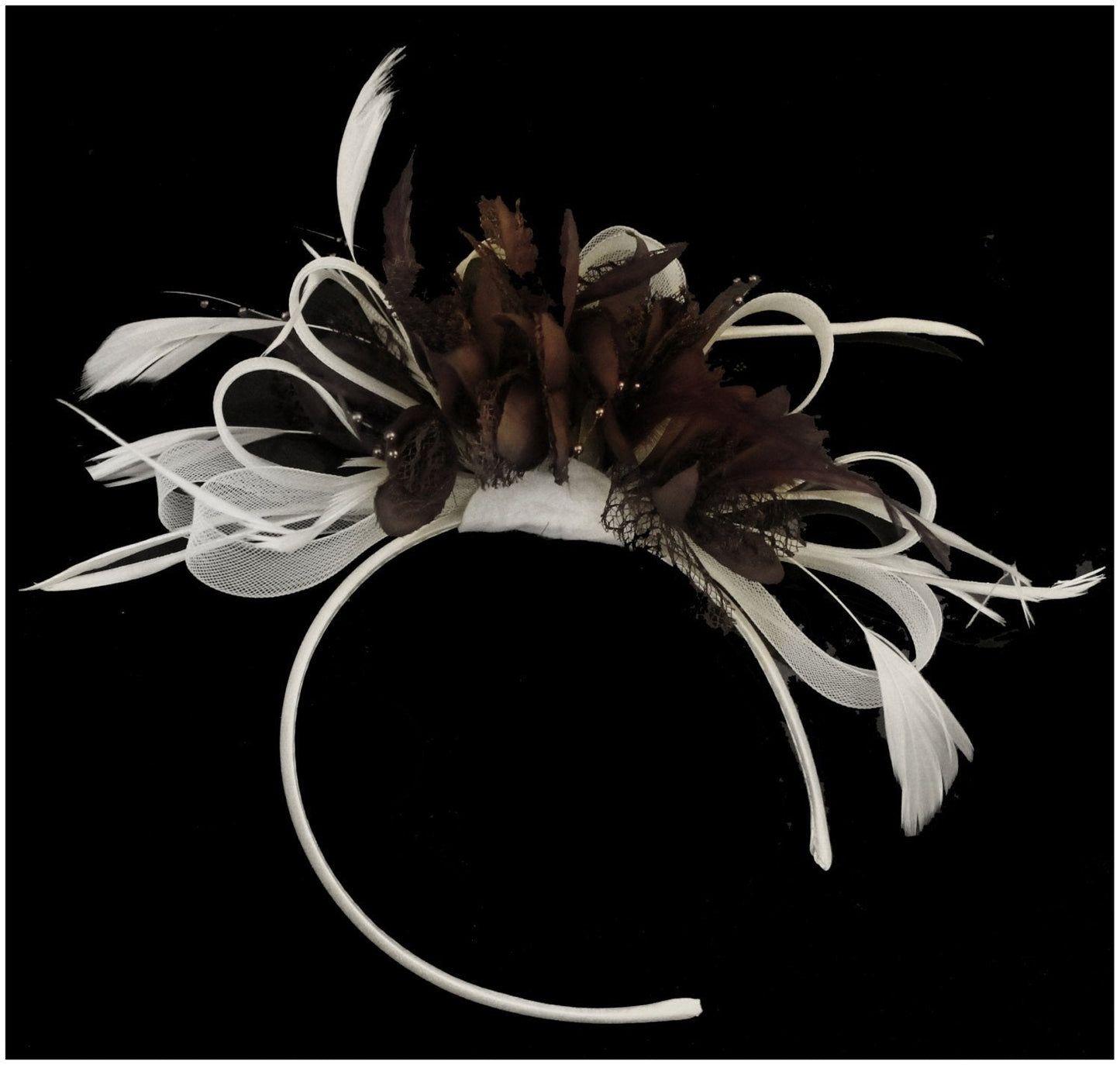 Caprilite Coffee Brown Feathers & White Hoop Fascinator On Headband