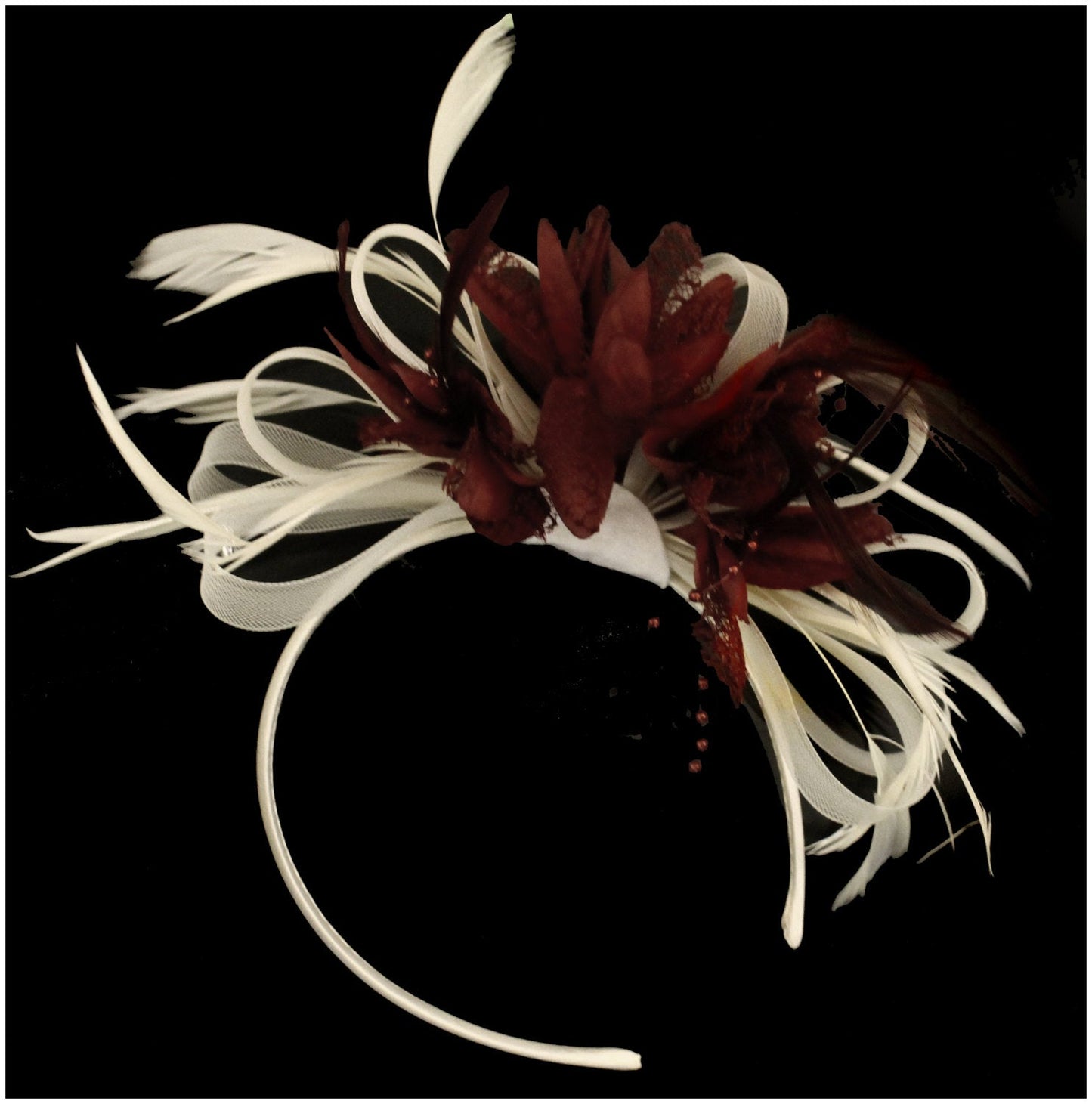 Caprilite Burgundy Feathers & White Hoop Fascinator On Headband