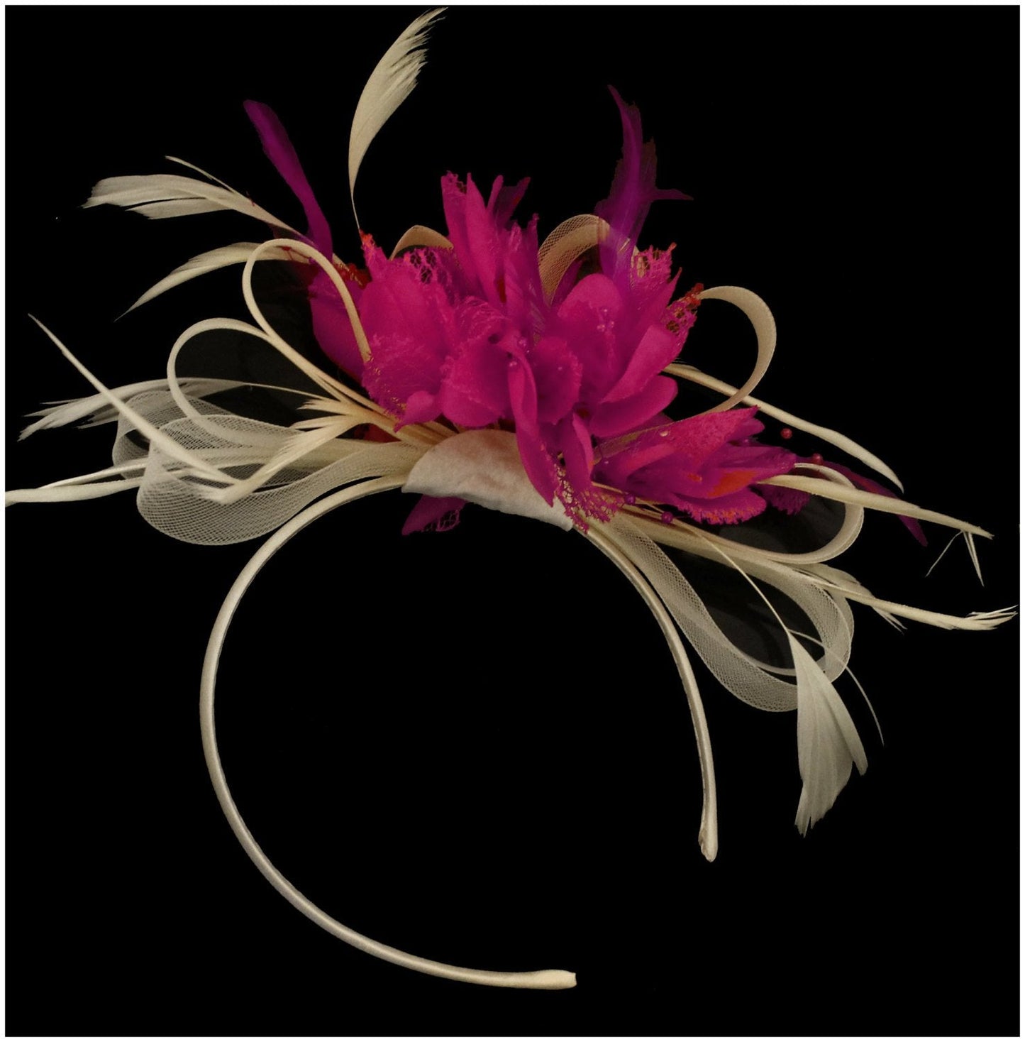 Caprilite Cream Ivory Hoop and Fuchsia Pink Feather Fascinator on Headband AliceBand UK Wedding Ascot Races Loop