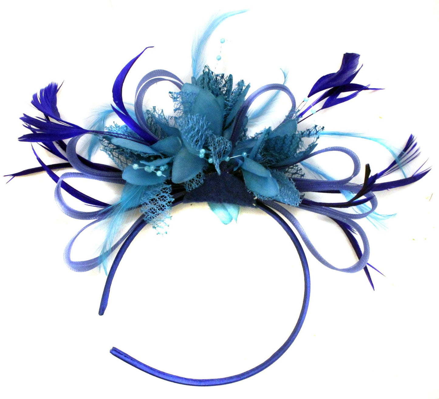 Caprilite Royal Blue Hoop and Aqua Blue Feather Fascinator on Headband AliceBand UK Wedding Ascot Races Loop
