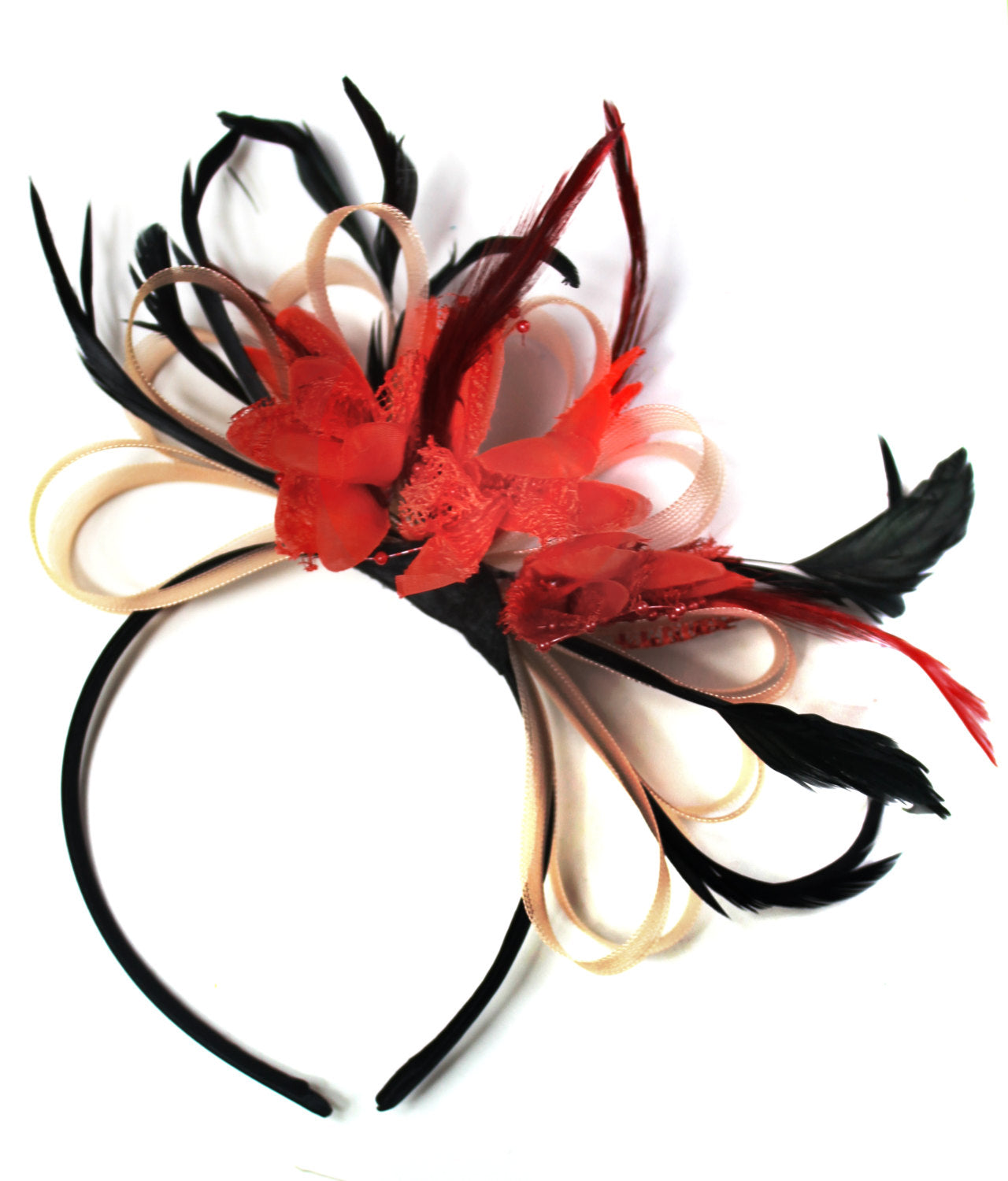 Caprilite Nude Salmon Pink & Red Fascinator on Headband AliceBand UK Wedding Ascot Races Loop