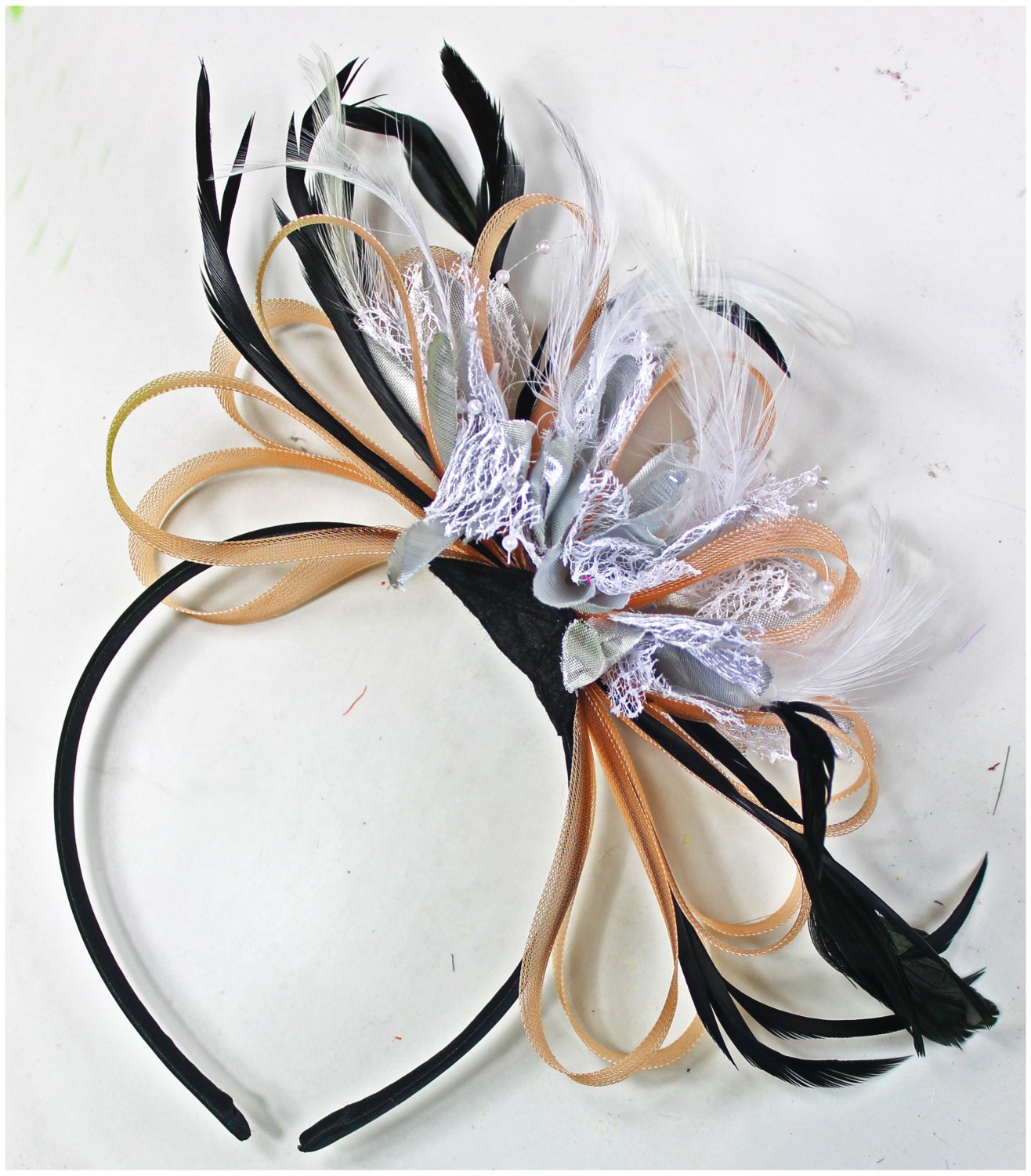 Caprilite Nude Salmon Pink & Silver Fascinator on Headband AliceBand UK Wedding Ascot Races Loop