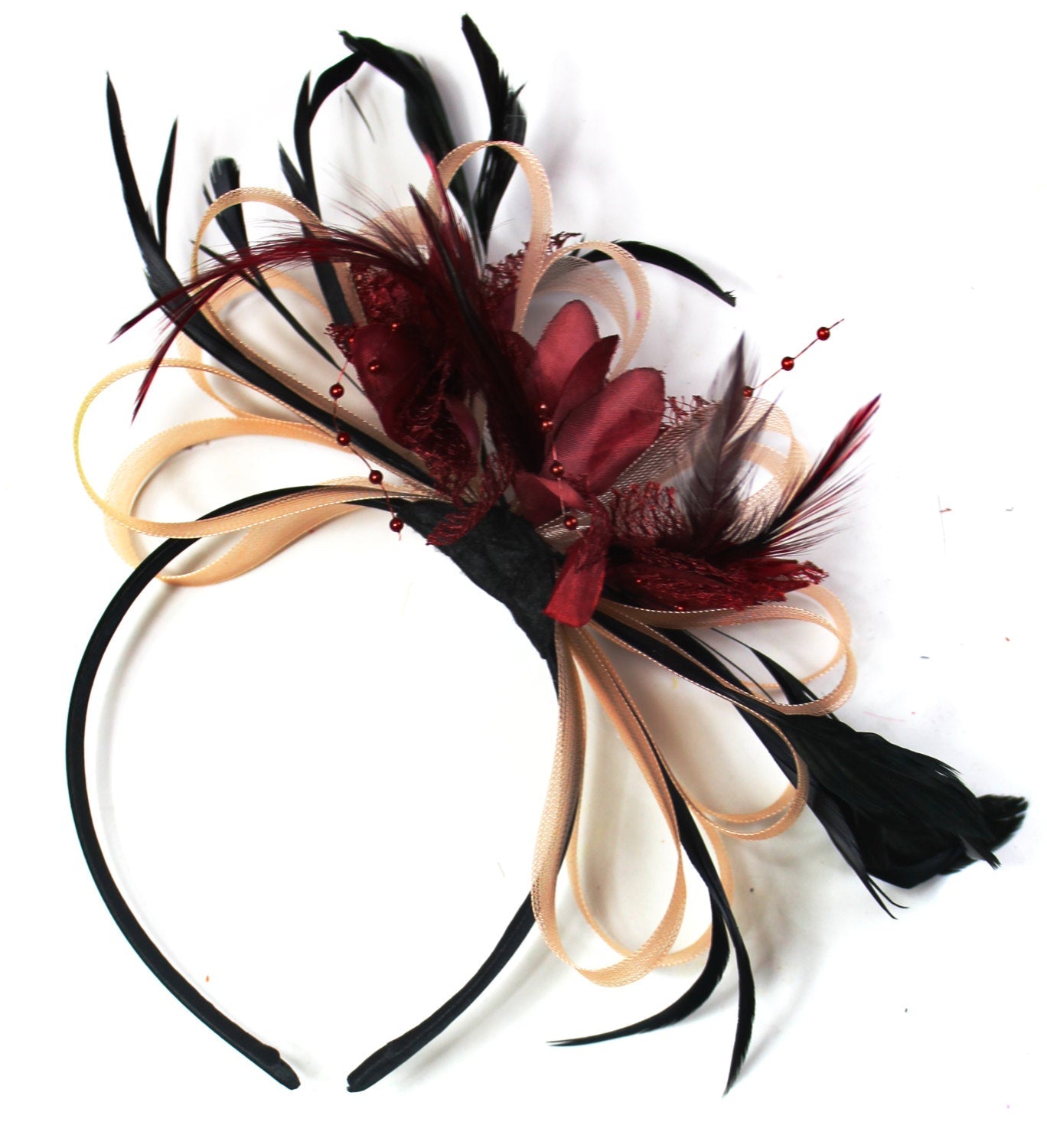 Caprilite Nude Salmon Pink & Burgundy Fascinator on Headband AliceBand UK Wedding Ascot Races Loop