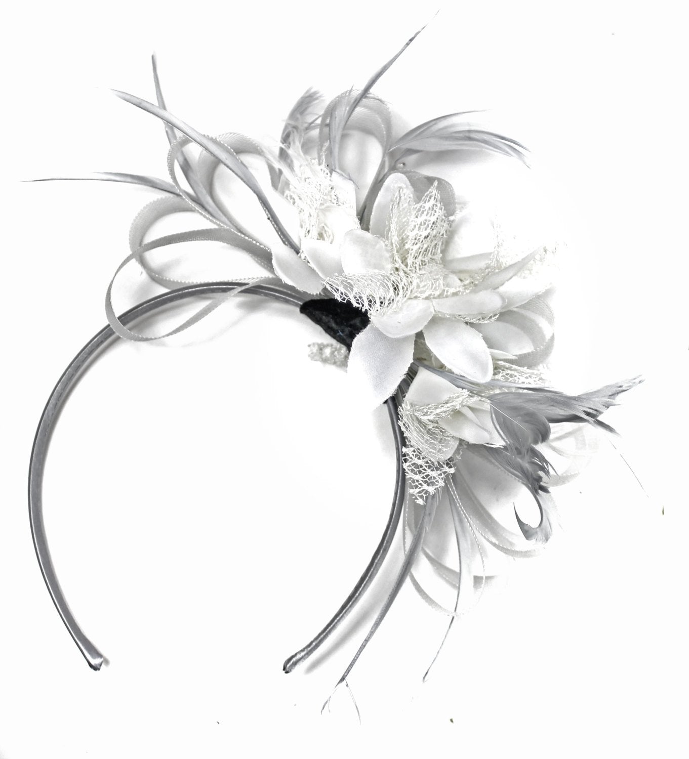 Caprilite Grey Silver & White Fascinator on Headband AliceBand UK Wedding Ascot Races Loop