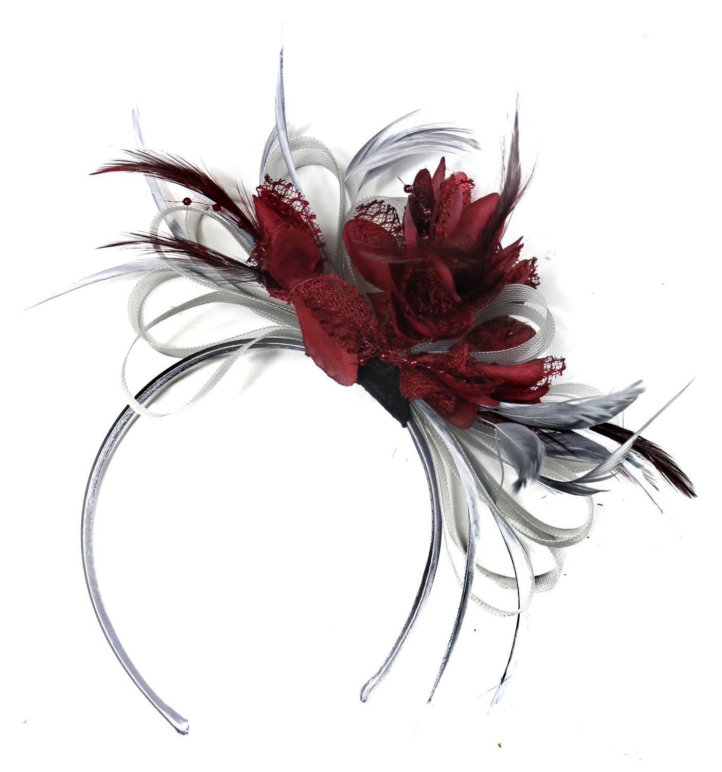 Caprilite Grey Silver & Burgundy Fascinator on Headband AliceBand UK Wedding Ascot Races Loop