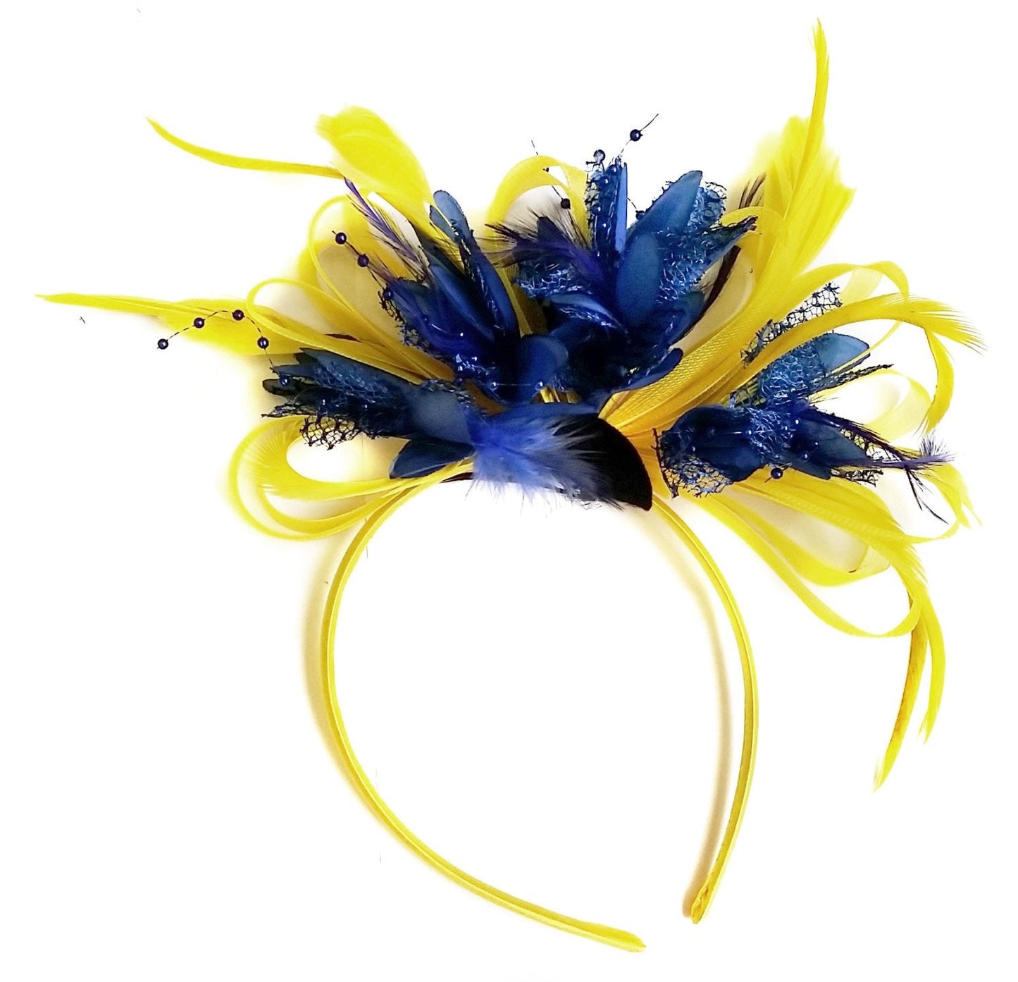 Caprilite Bright Yellow & Royal Blue Feathers Fascinator on Headband