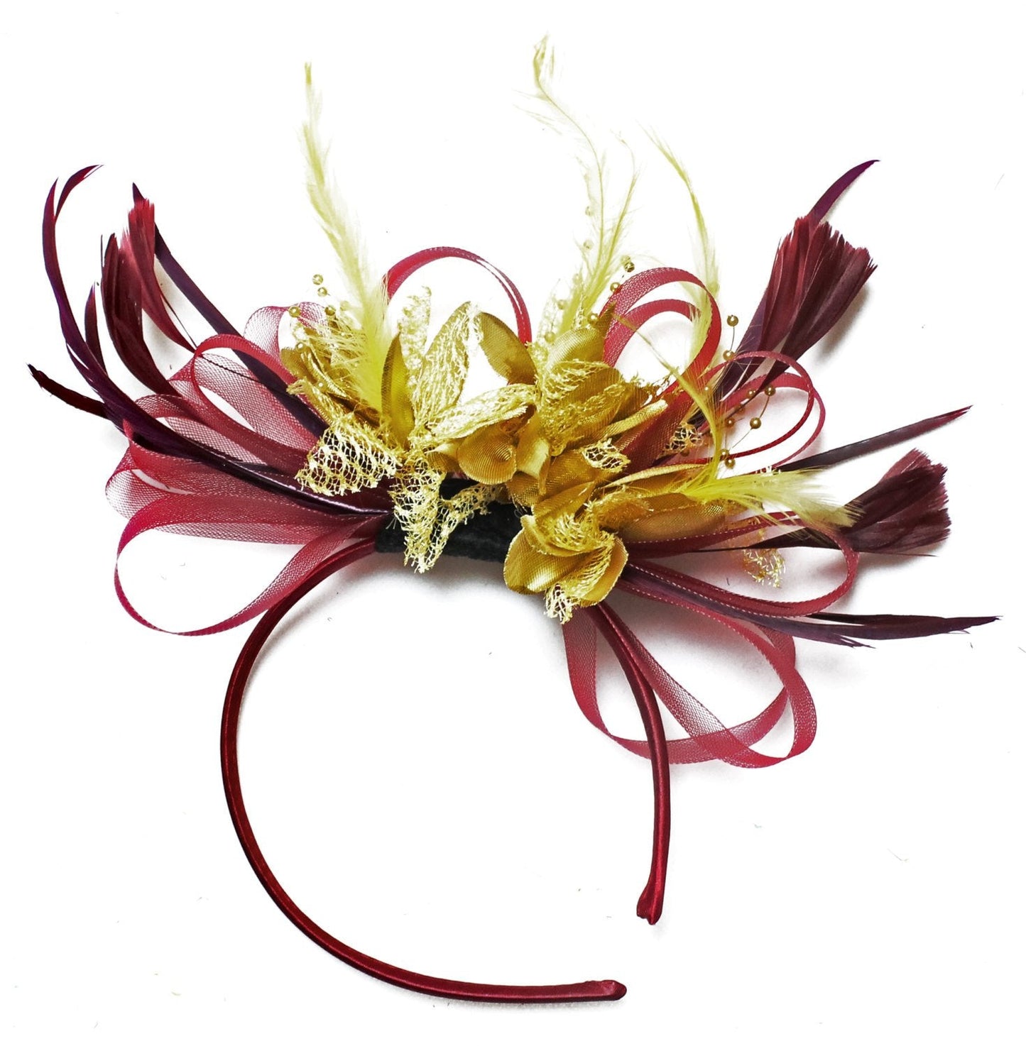 Caprilite Burgundy Wine Red & Gold Fascinator on Headband