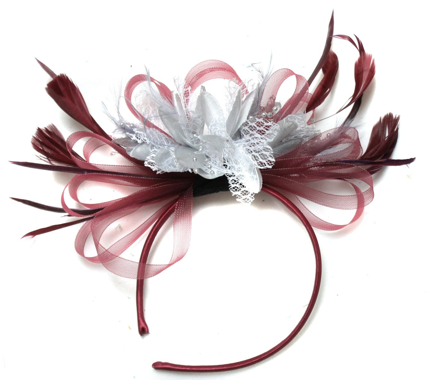 Caprilite Burgundy Wine Red & Silver Fascinator on Headband