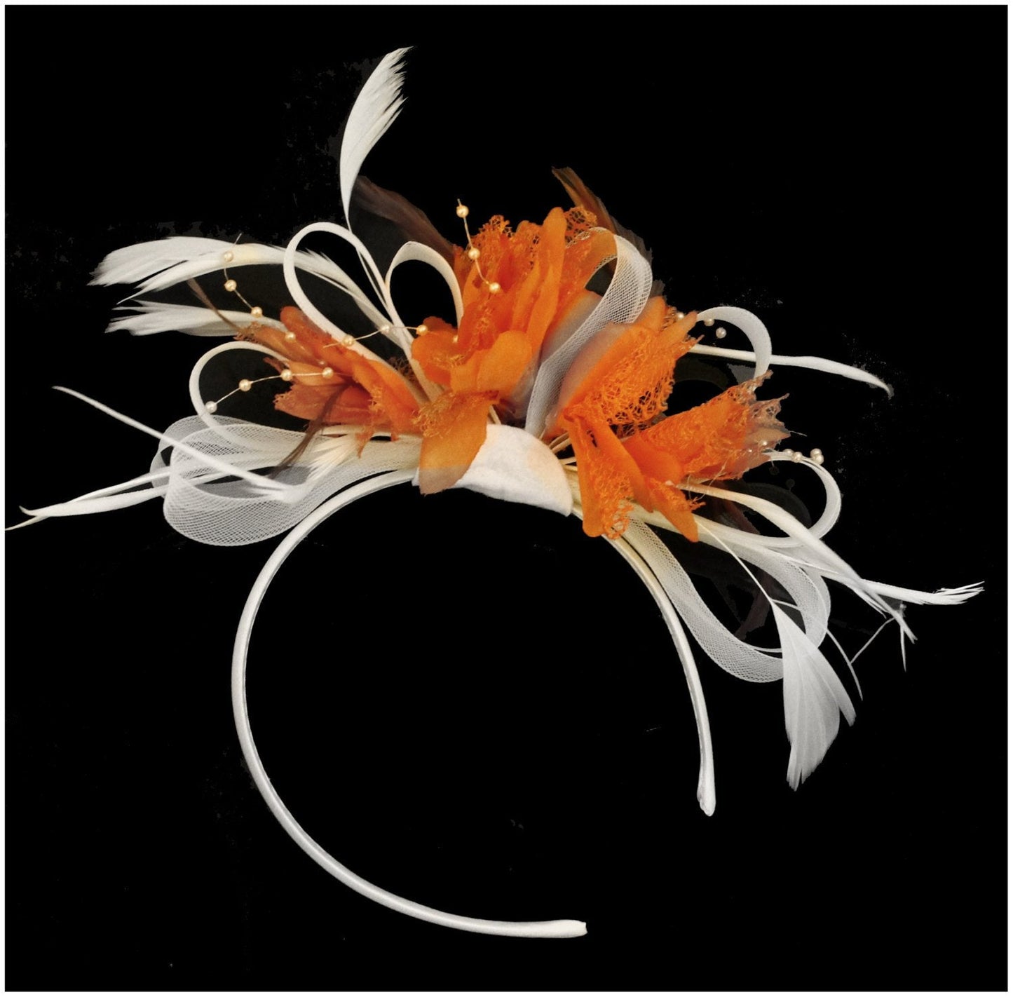 Caprilite White Hoop & Orange Feathers Fascinator on Headband