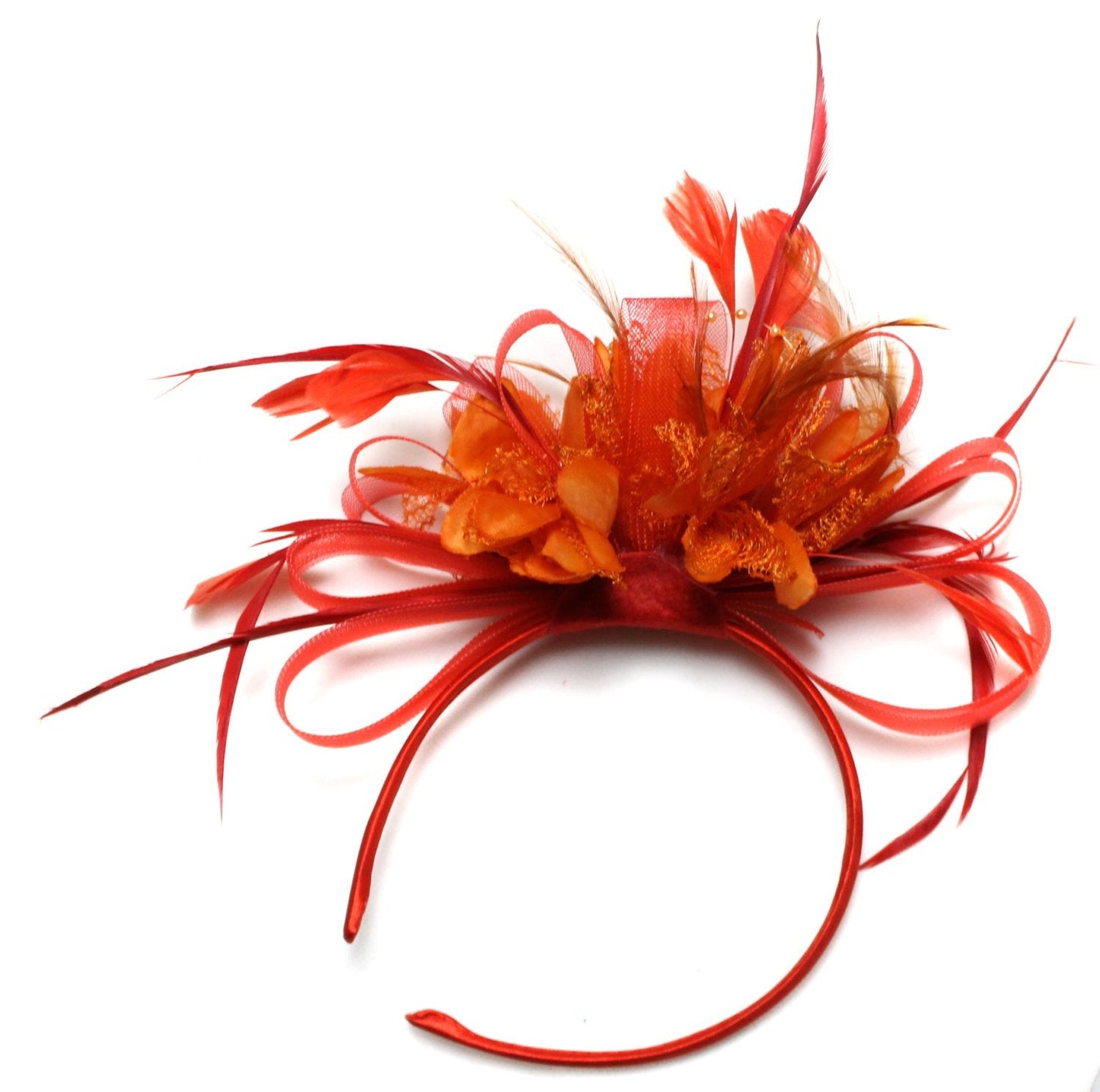 Caprilite Scarlet Red Hoop & Orange Feathers Fascinator on Headband