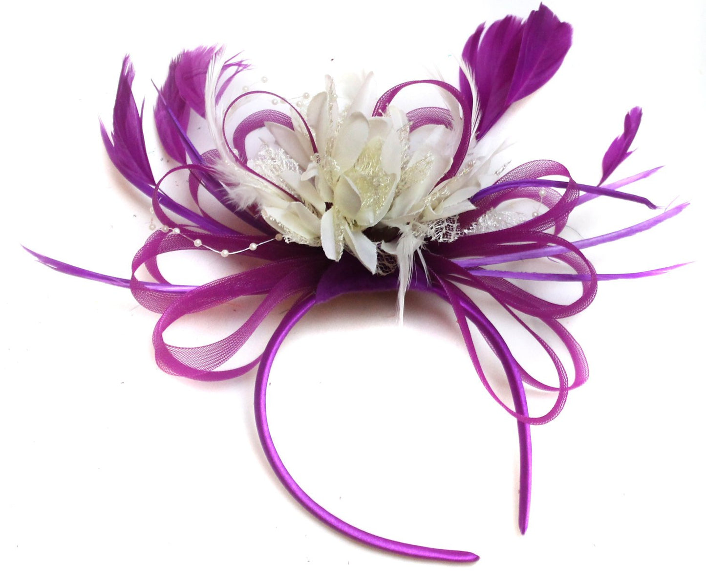 Caprilite Plum Magenta and Cream Fascinator on Headband Alice Band UK Wedding Ascot Races Loop