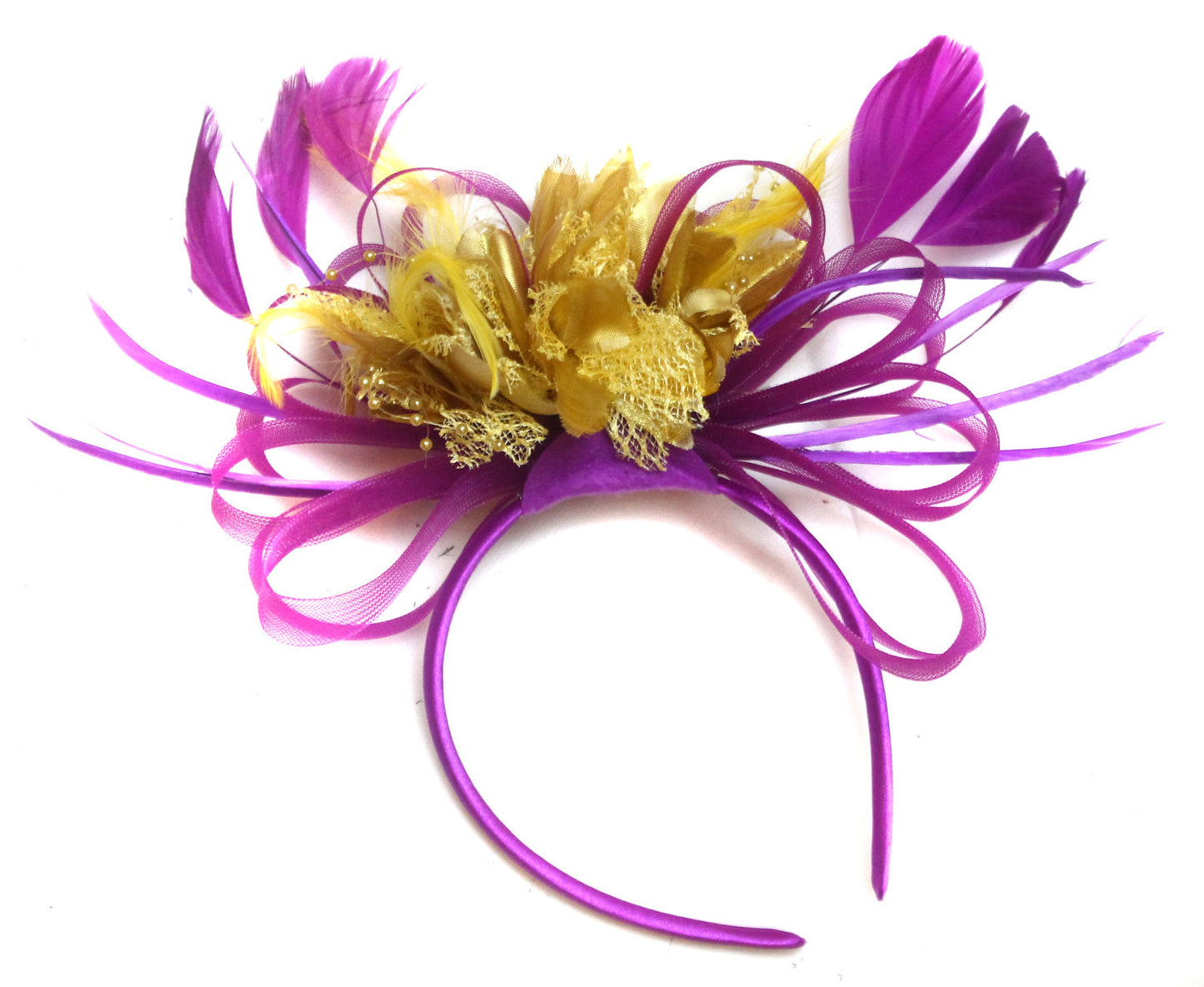 Caprilite Plum Magenta and Gold Fascinator on Headband Alice Band UK Wedding Ascot Races Loop