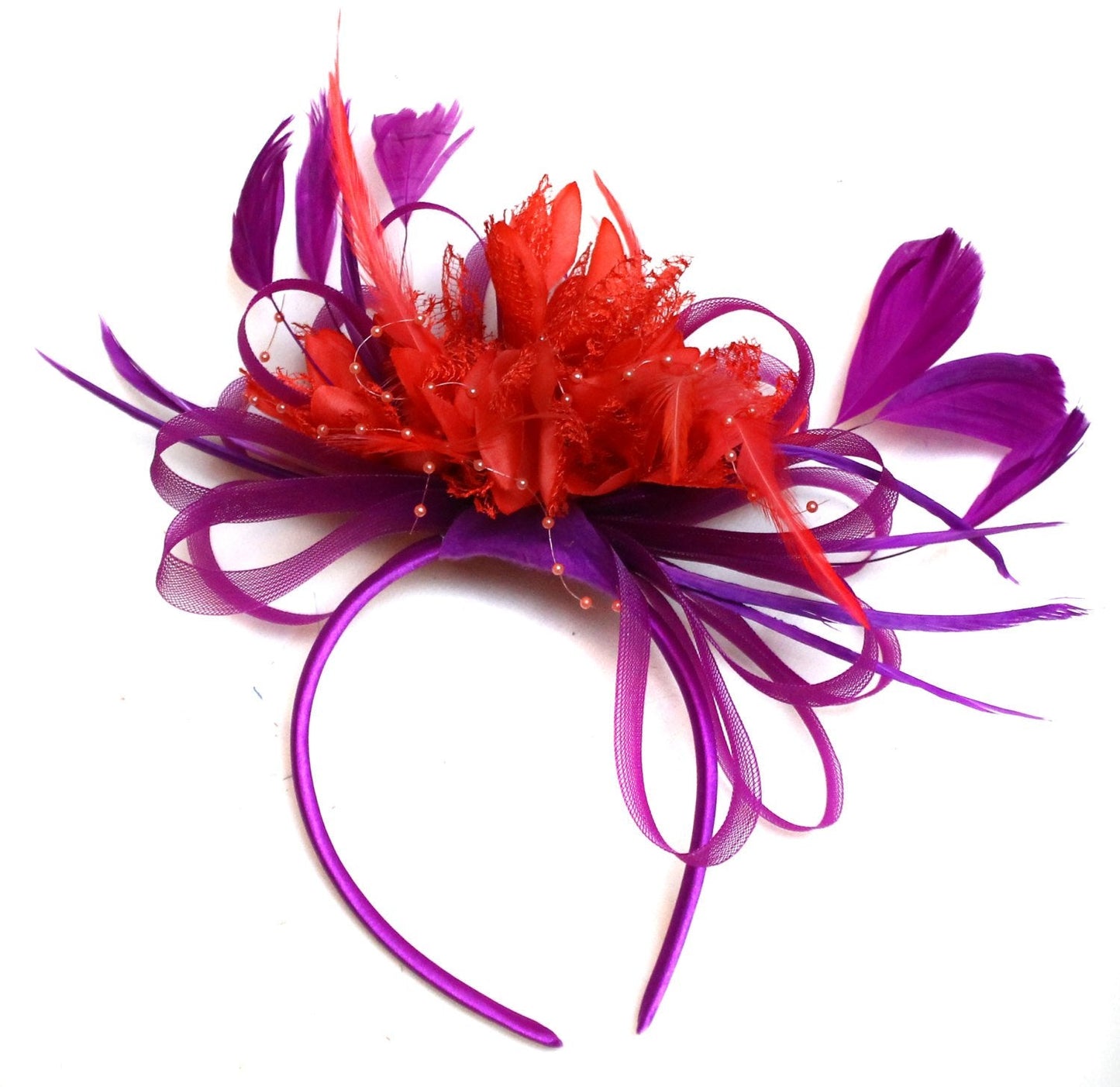 Caprilite Plum Magenta and Red Fascinator on Headband Alice Band UK Wedding Ascot Races Loop