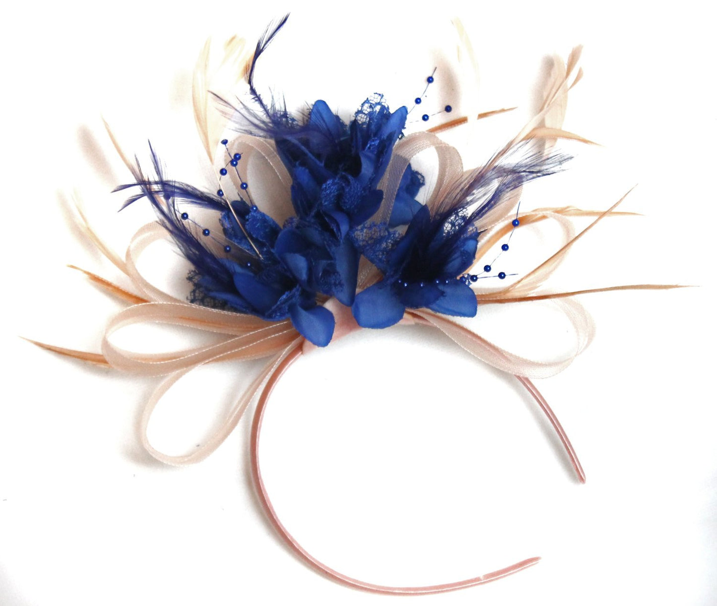 Caprilite Nude Salmon Pink and Royal Blue Fascinator on Headband Alice Band UK Wedding Ascot Races Loop