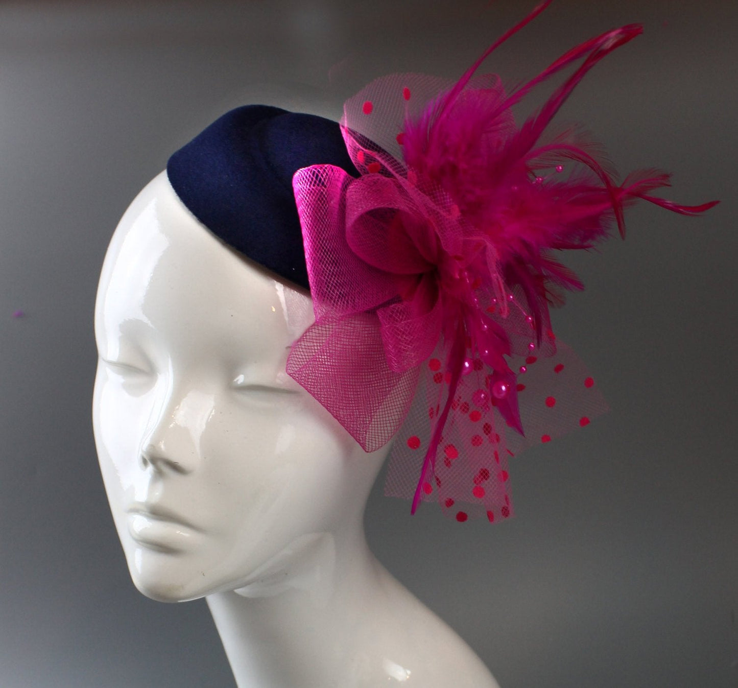 Caprilite Navy Blue & Fuschia Hot Pink Fascinator Pill Box Veil Hatinator UK Wedding Ascot Races  Clip Felt