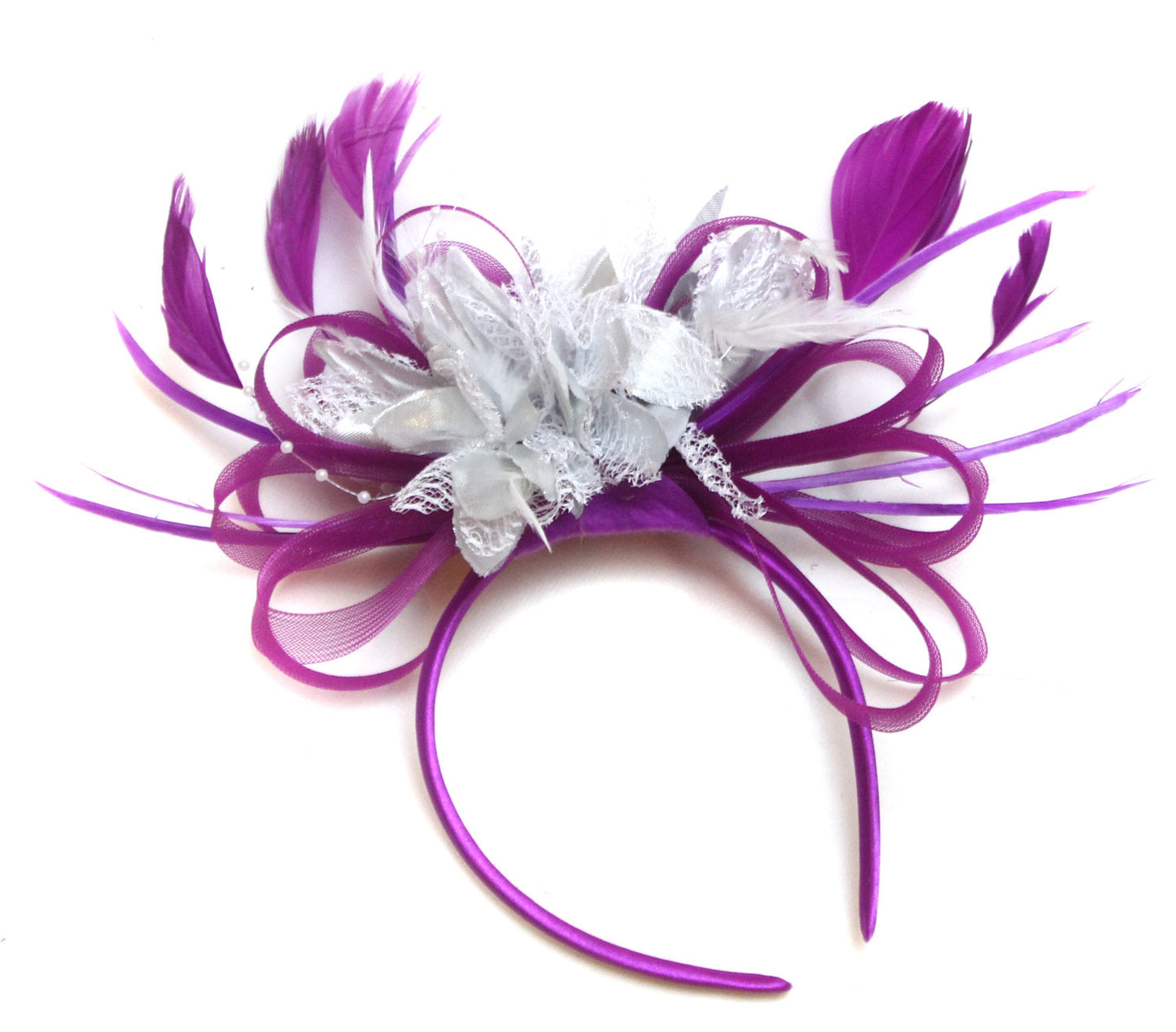 Caprilite Plum Magenta and Silver Fascinator on Headband Alice Band UK Wedding Ascot Races Loop