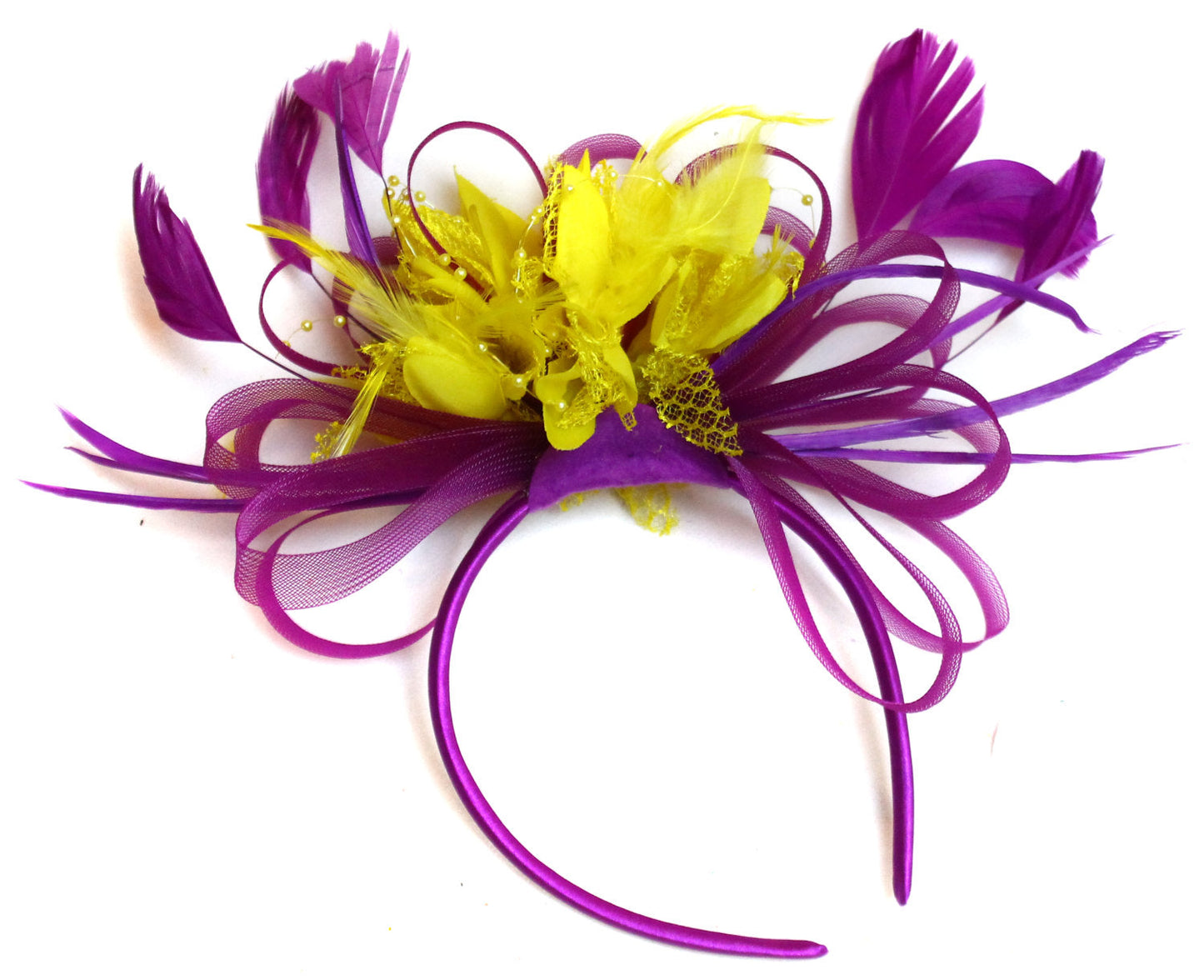 Caprilite Plum Magenta and Yellow Fascinator on Headband Alice Band UK Wedding Ascot Races Loop