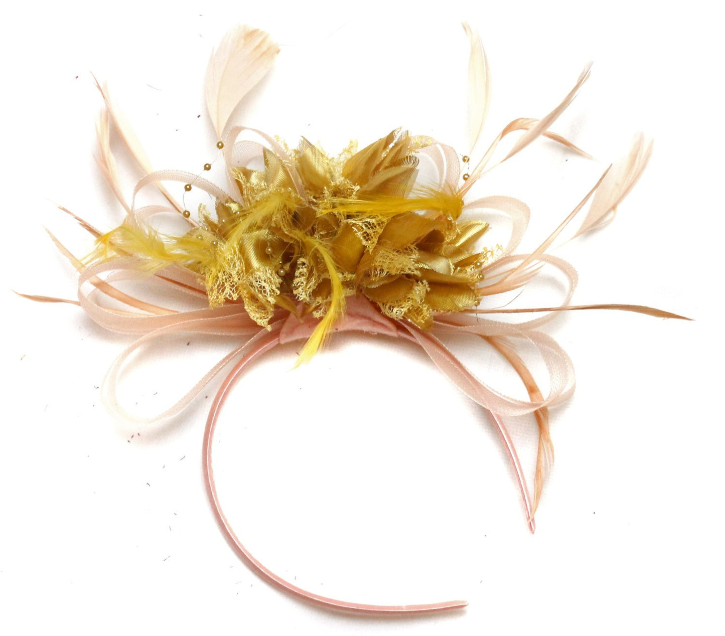 Caprilite Nude Salmon Pink and Gold Fascinator on Headband Alice Band UK Wedding Ascot Races Loop