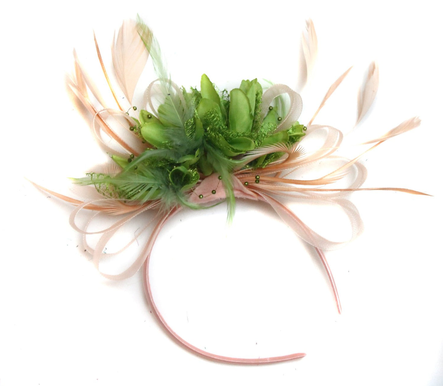 Caprilite Nude Salmon Pink and Green Fascinator on Headband Alice Band UK Wedding Ascot Races Loop
