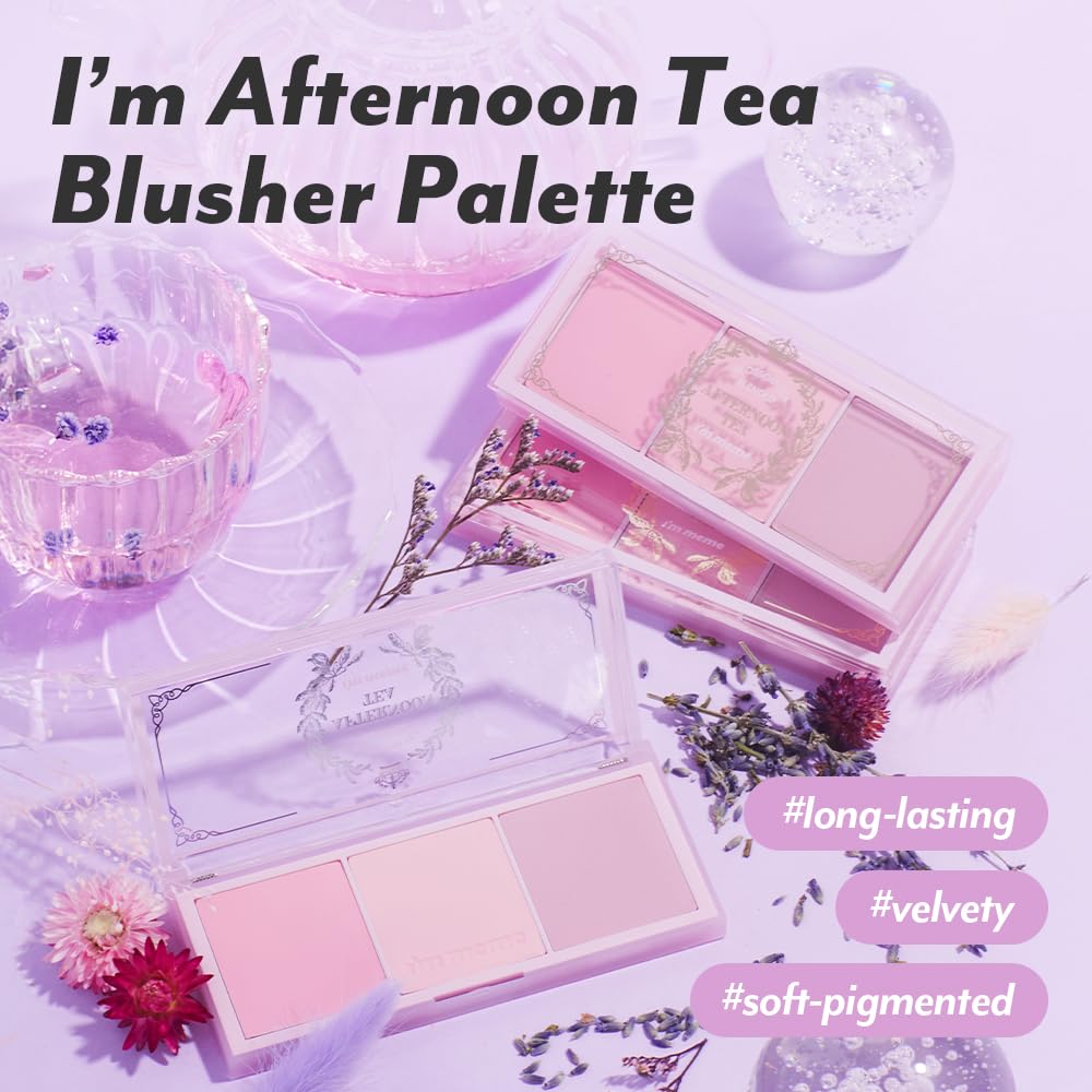 I'M MEME Blusher Palette - Afternoon Tea Blossom Tea | Soft Pink, Peach, Lavender | 3-Shade Matte Blush for All Skin Tones | 0.4 oz