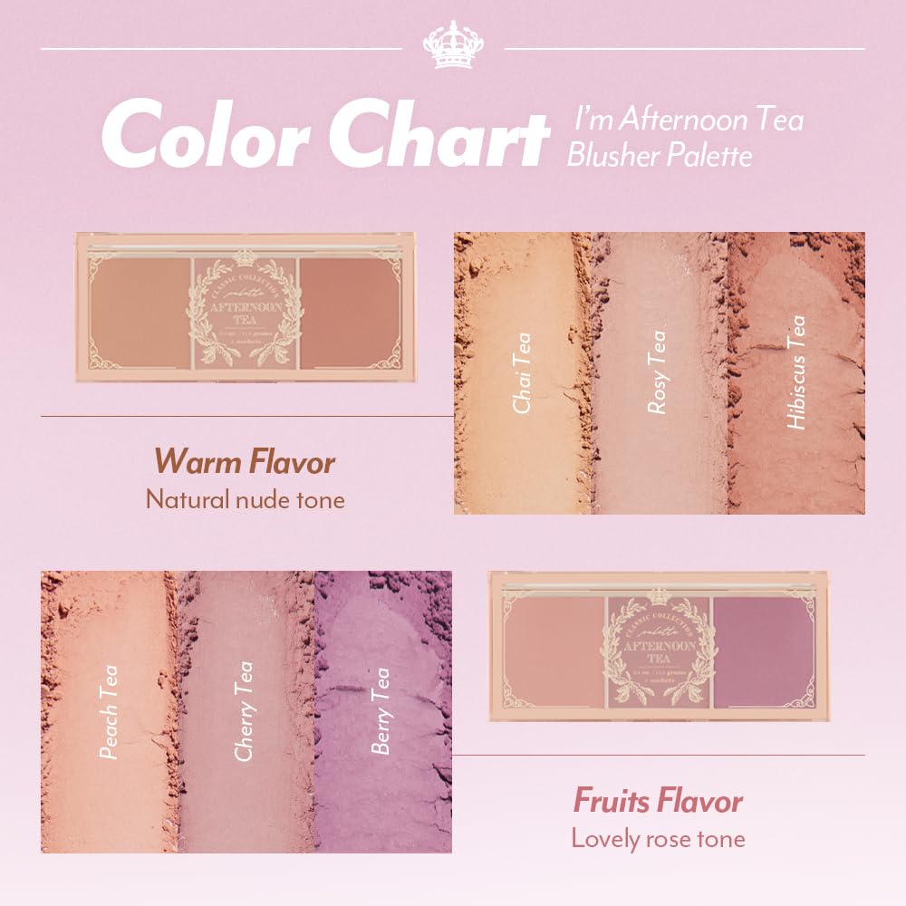 I'M MEME Blusher Palette - Afternoon Tea Blossom Tea | Soft Pink, Peach, Lavender | 3-Shade Matte Blush for All Skin Tones | 0.4 oz