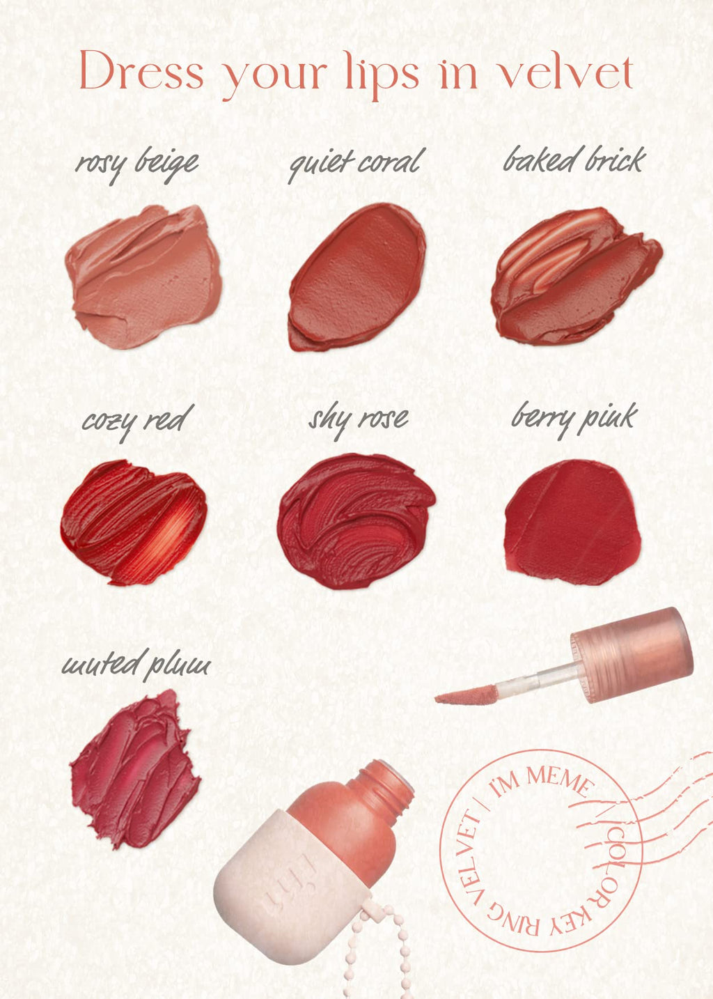 I'M MEME Color Key Ring Velvet Lip Tint 01 Rosy Beige – Long-Lasting Matte Lip Stain (2.8g)