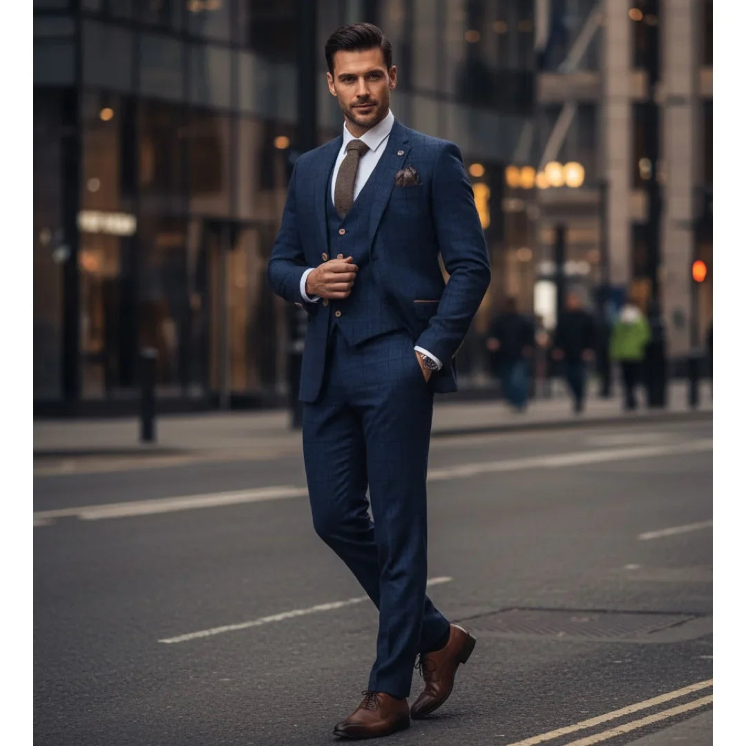 IM11 - Men's Navy 3 Piece Plaid Check Suit
