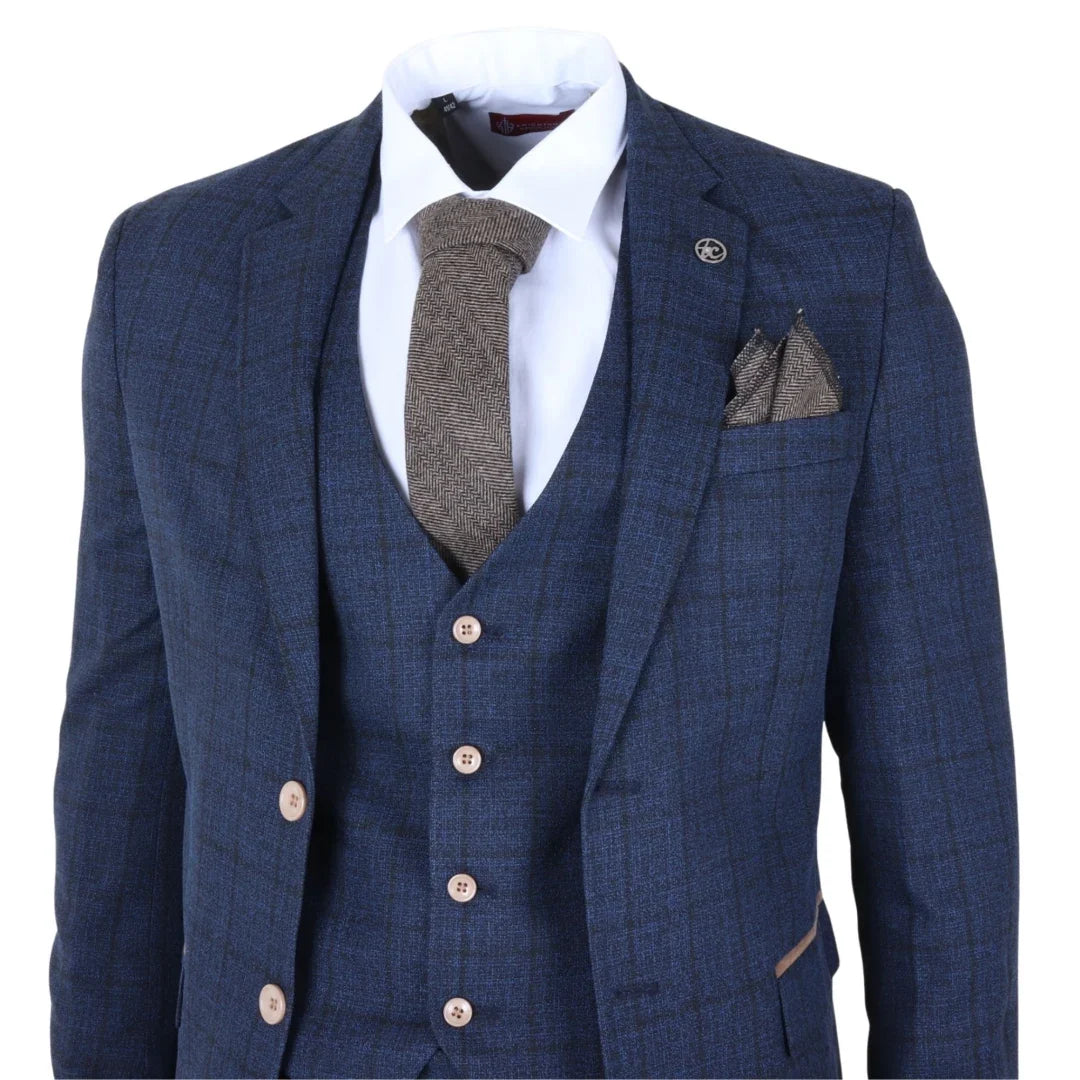 IM11 - Men's Navy 3 Piece Plaid Check Suit