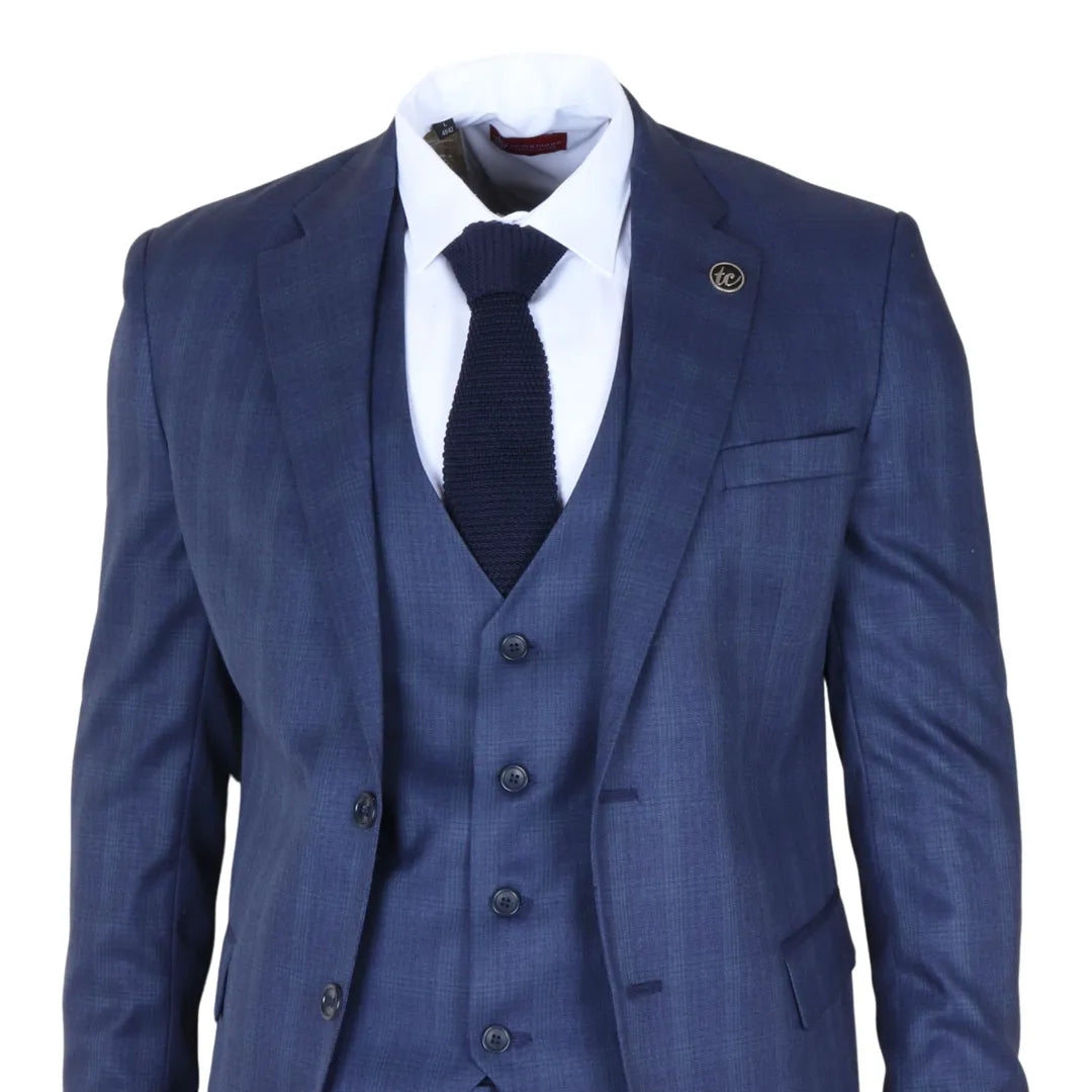 IM31 - Men's Blue 3 Piece Prince Of Wales Check Suit