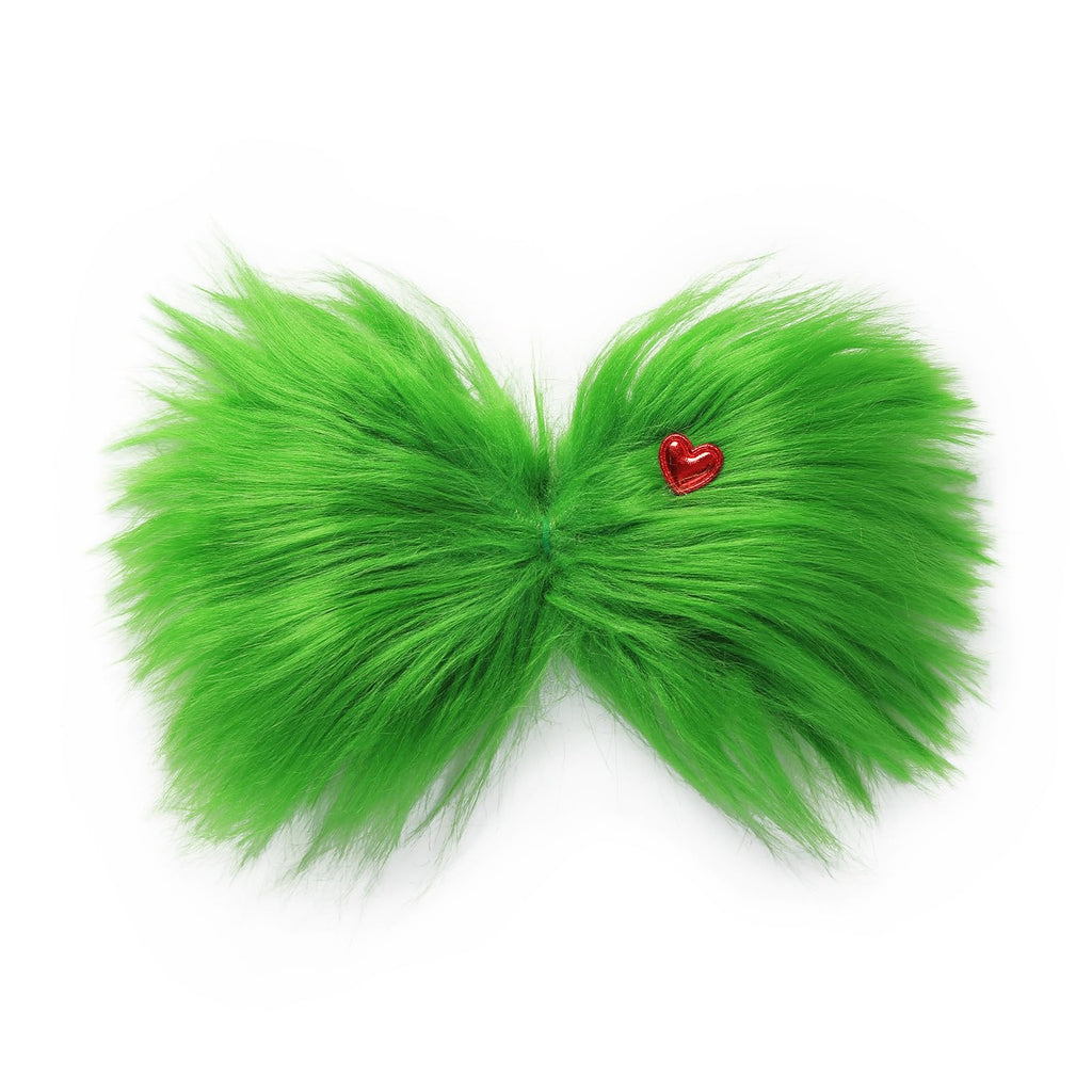 Large Green Furry Hair Bow with Red Heart Women Costume Accessories Christmas Hair Clip Tree Decorations