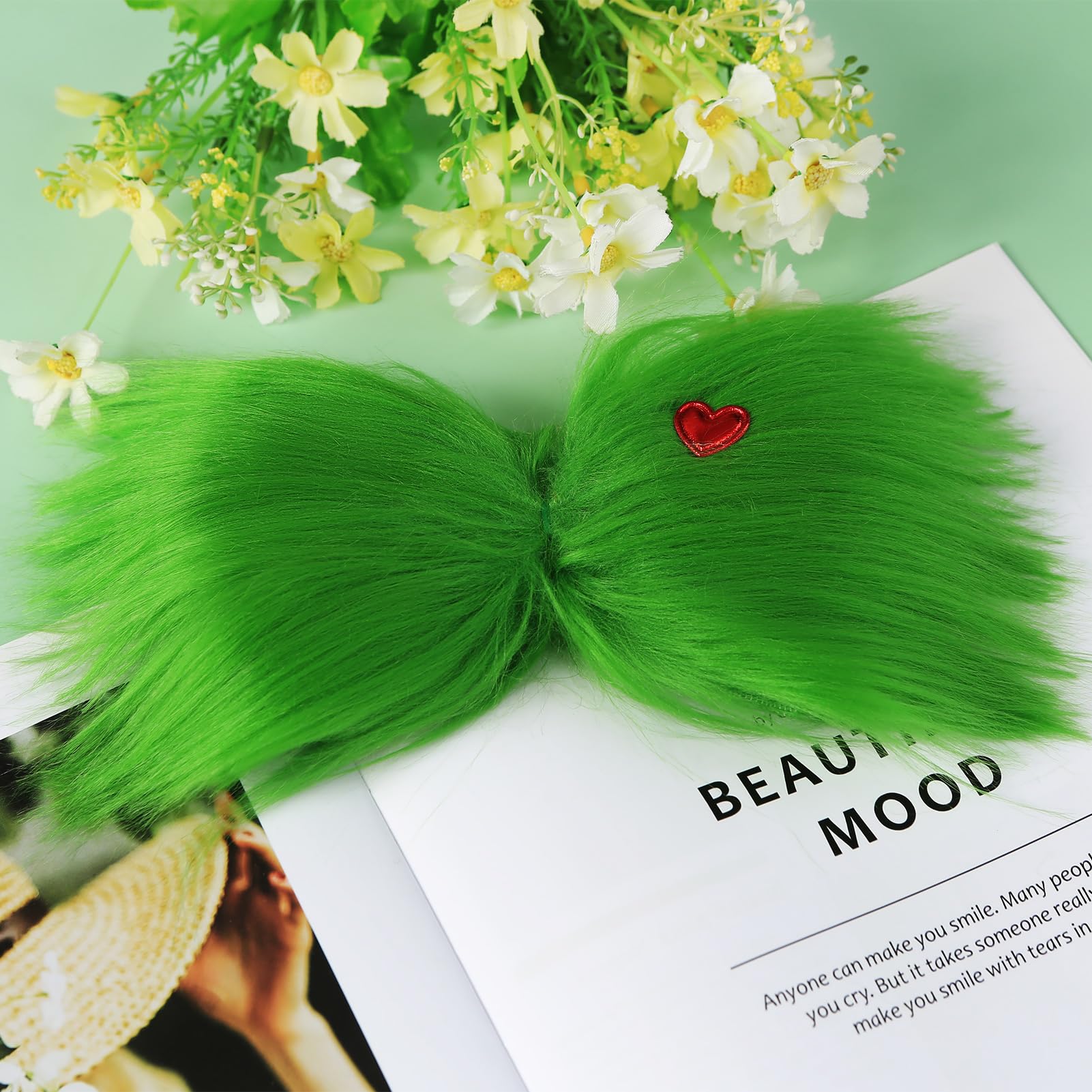 Large Green Furry Hair Bow with Red Heart Women Costume Accessories Christmas Hair Clip Tree Decorations