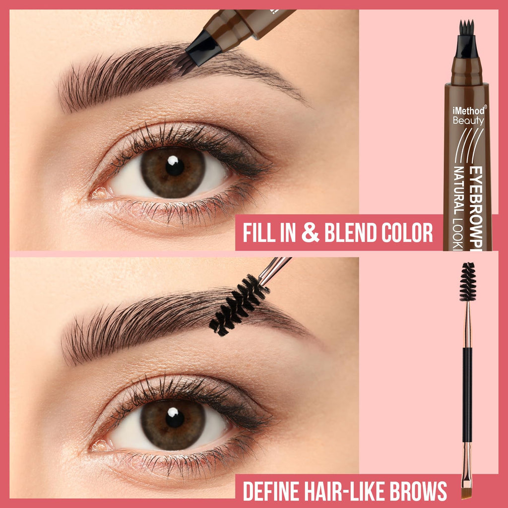 iMethod Eyebrow Pen: 4 Fork Tip + Spoolie Brush for Natural, Long-Lasting Brows (Reddish Brown)