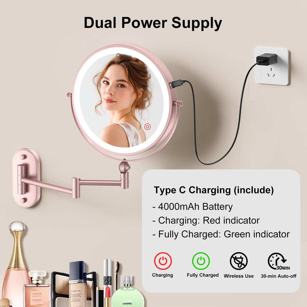 IMIKONA 9-Inch Wall Mounted Lighted Makeup Mirror – 1X/10X Magnification, 4000mAh Rechargeable, 3 Color Lights