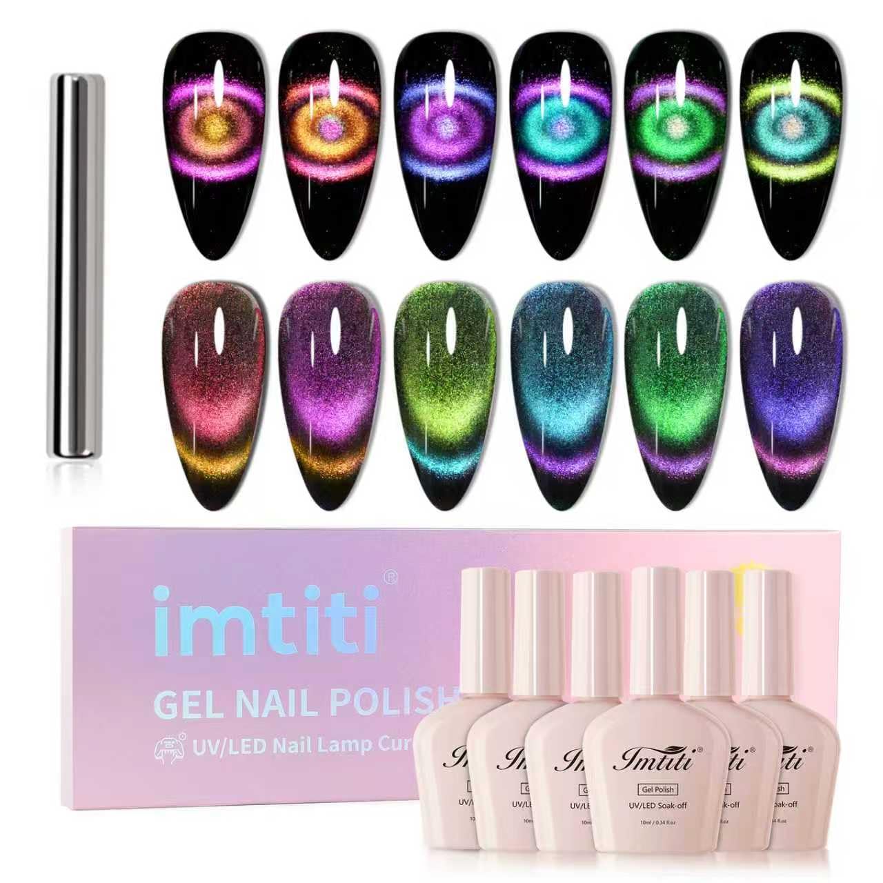Imtiti 6Pcs 9D Cat Eye Gel Nail Polish Kit 10ml – Magnetic UV/LED Soak-Off for Nail Art