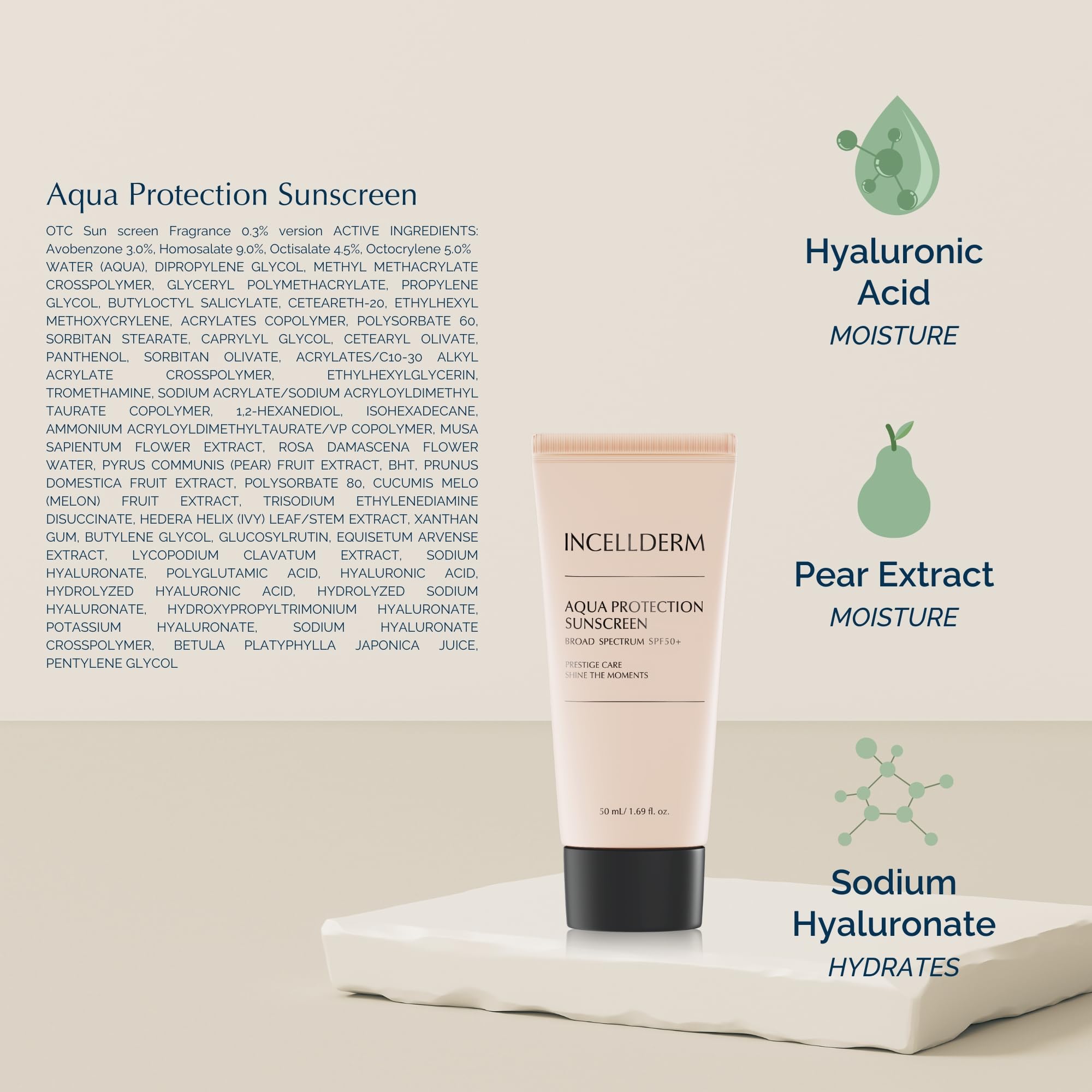 INCELLDERM Riman Aqua Protection Sunscreen SPF 50+ | 50 ml Lightweight, Hydrating UV Shield