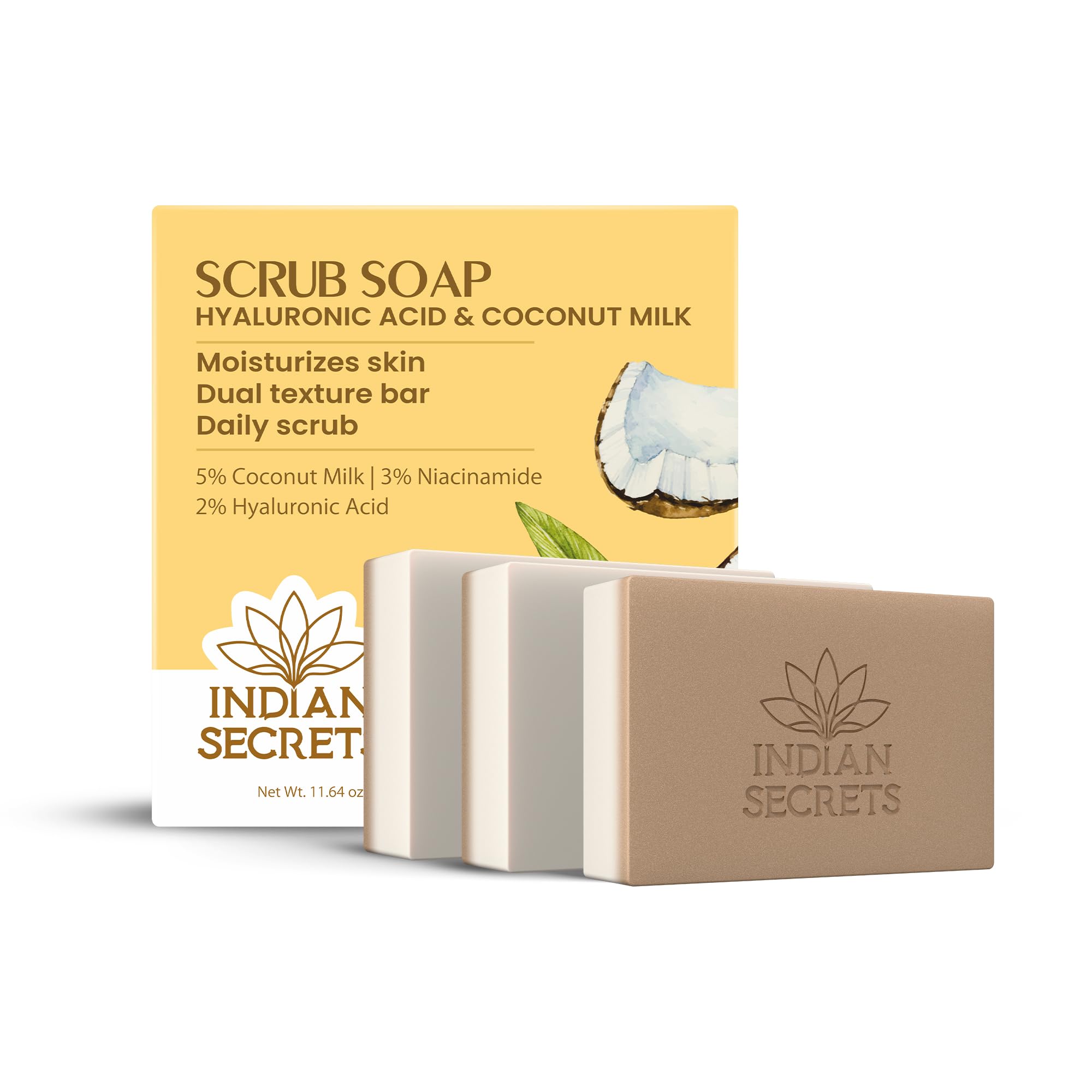 INDIAN SECRETS Scrub Soap with Hyaluronic Acid & Coconut Milk – Moisturizing Dual-Texture Body Soap (Pack of 3)