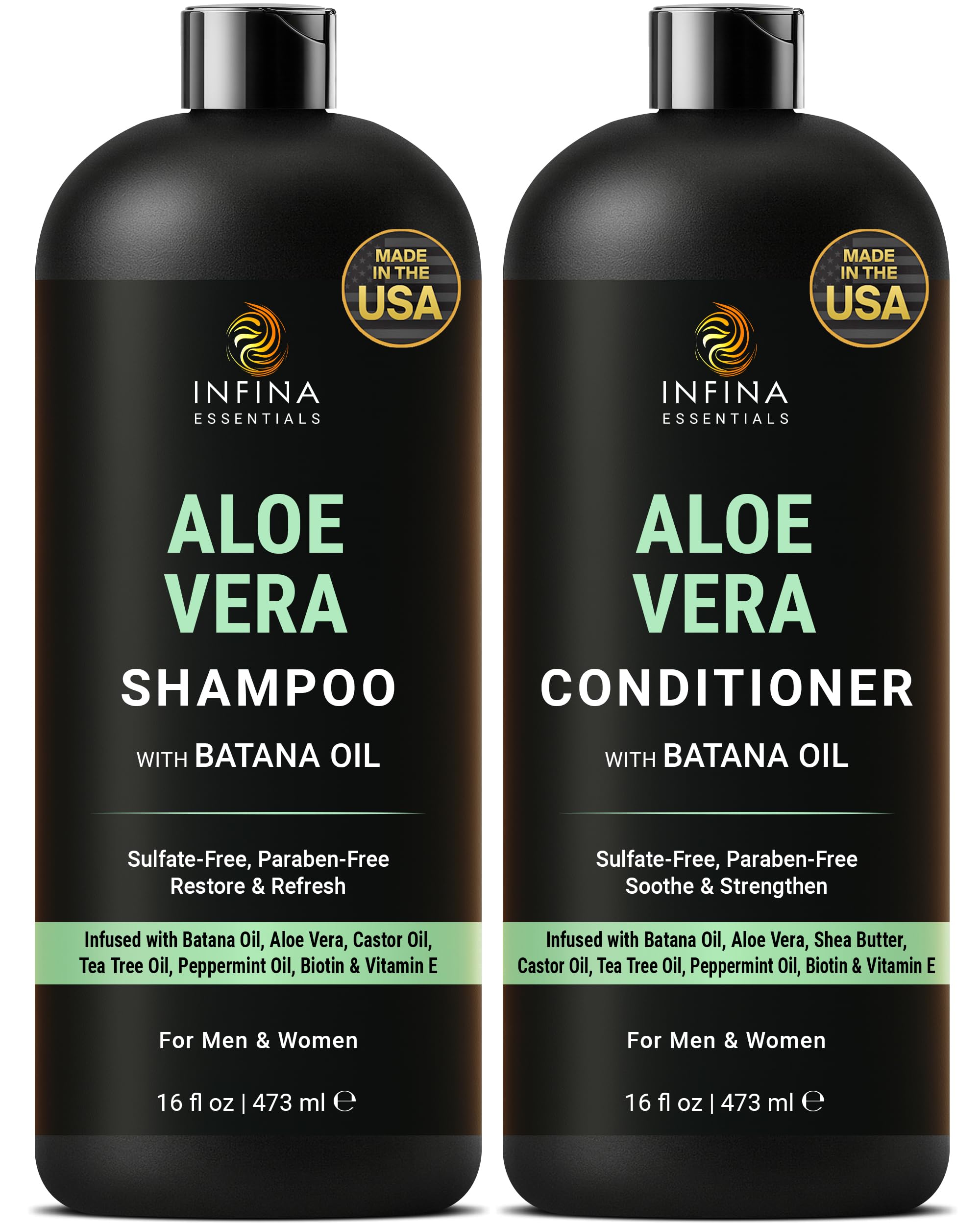 INFINA ESSENTIALS Aloe Vera Shampoo & Conditioner Set – Hydrating, Soothing Hair Care with Batana Oil | 16 fl oz Each