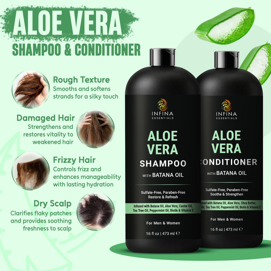 INFINA ESSENTIALS Aloe Vera Shampoo & Conditioner Set – Hydrating, Soothing Hair Care with Batana Oil | 16 fl oz Each