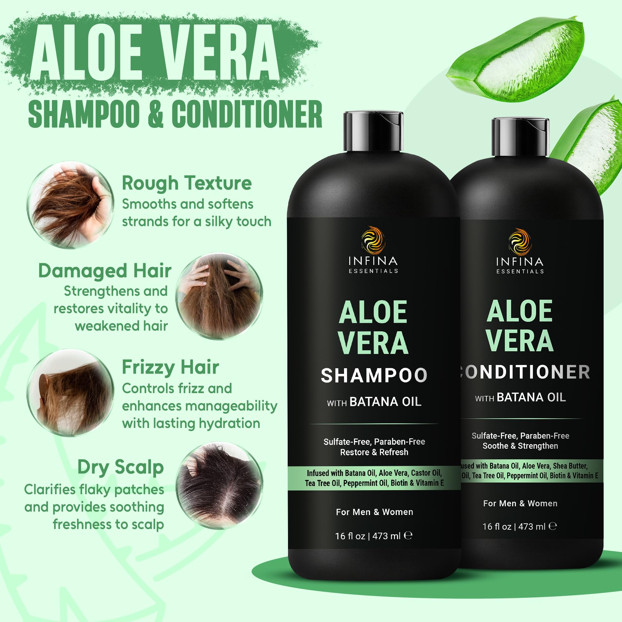 INFINA ESSENTIALS Aloe Vera Shampoo & Conditioner Set – Hydrating, Soothing Hair Care with Batana Oil | 16 fl oz Each