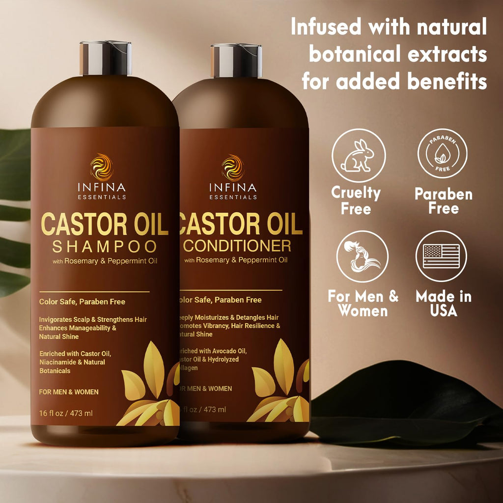 INFINA ESSENTIALS Castor Oil Shampoo & Conditioner Set – Rosemary & Peppermint for Scalp Nourishment, 16 oz