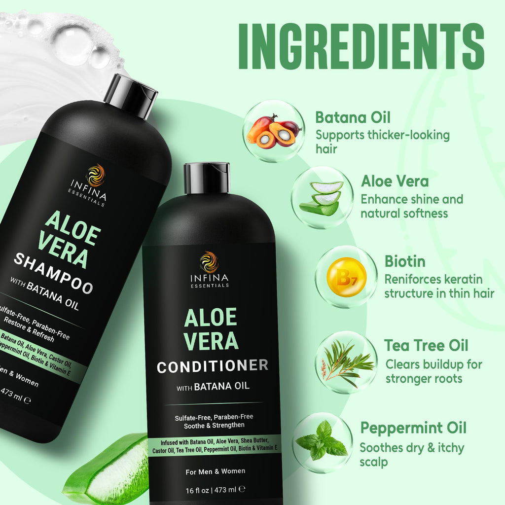 INFINA ESSENTIALS Aloe Vera Shampoo & Conditioner Set – Hydrating, Soothing Hair Care with Batana Oil | 16 fl oz Each