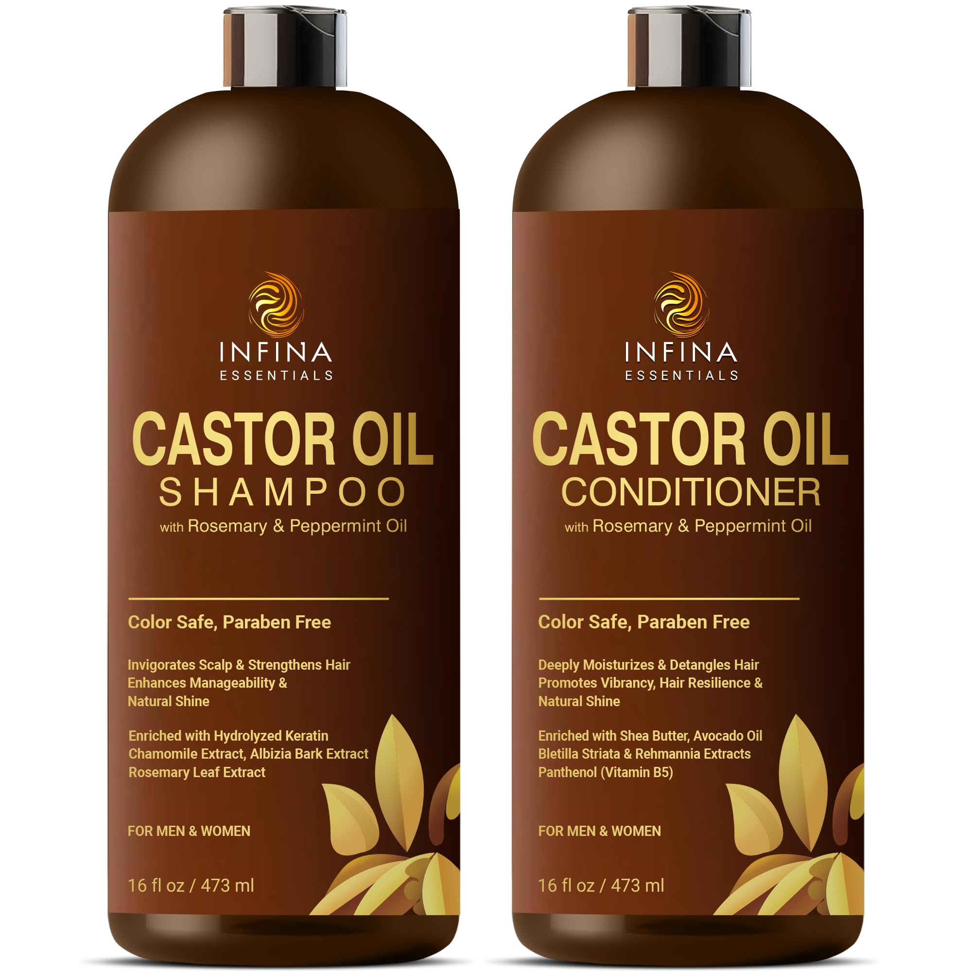 INFINA ESSENTIALS Castor Oil Shampoo & Conditioner Set – Rosemary & Peppermint for Scalp Nourishment, 16 oz
